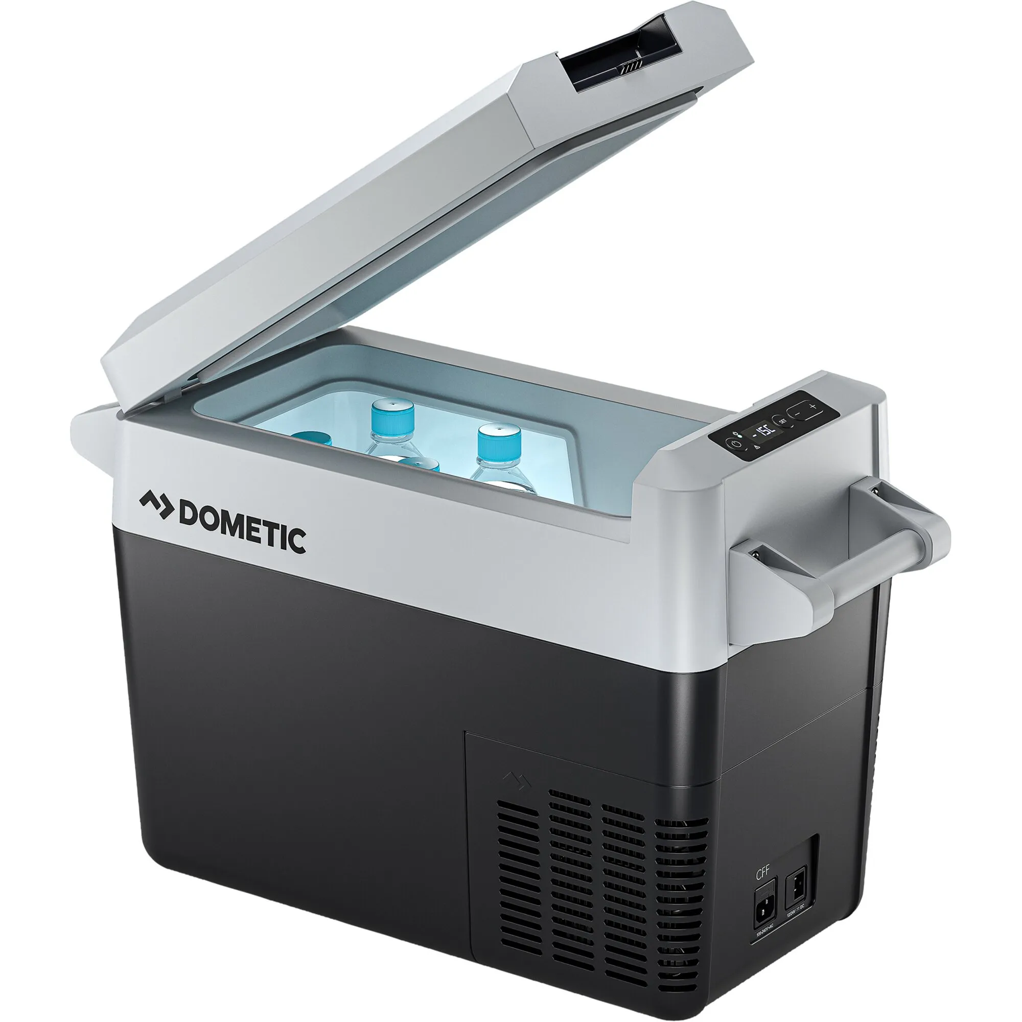 Dometic CFF Kompressor-Kühlbox mit 21 Litern, geöffnet, schwarzen Gehäuse, Tragegriffen, Bedienfeld und Wasserflaschen im Innenraum
