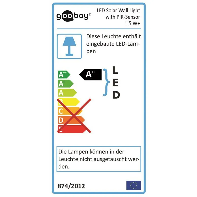 Energieetikett der goobay LED-Solar-Wandleuchte mit PIR-Sensor, 1,5 W+, Energieeffizienzklasse A++, LEDs nicht austauschbar