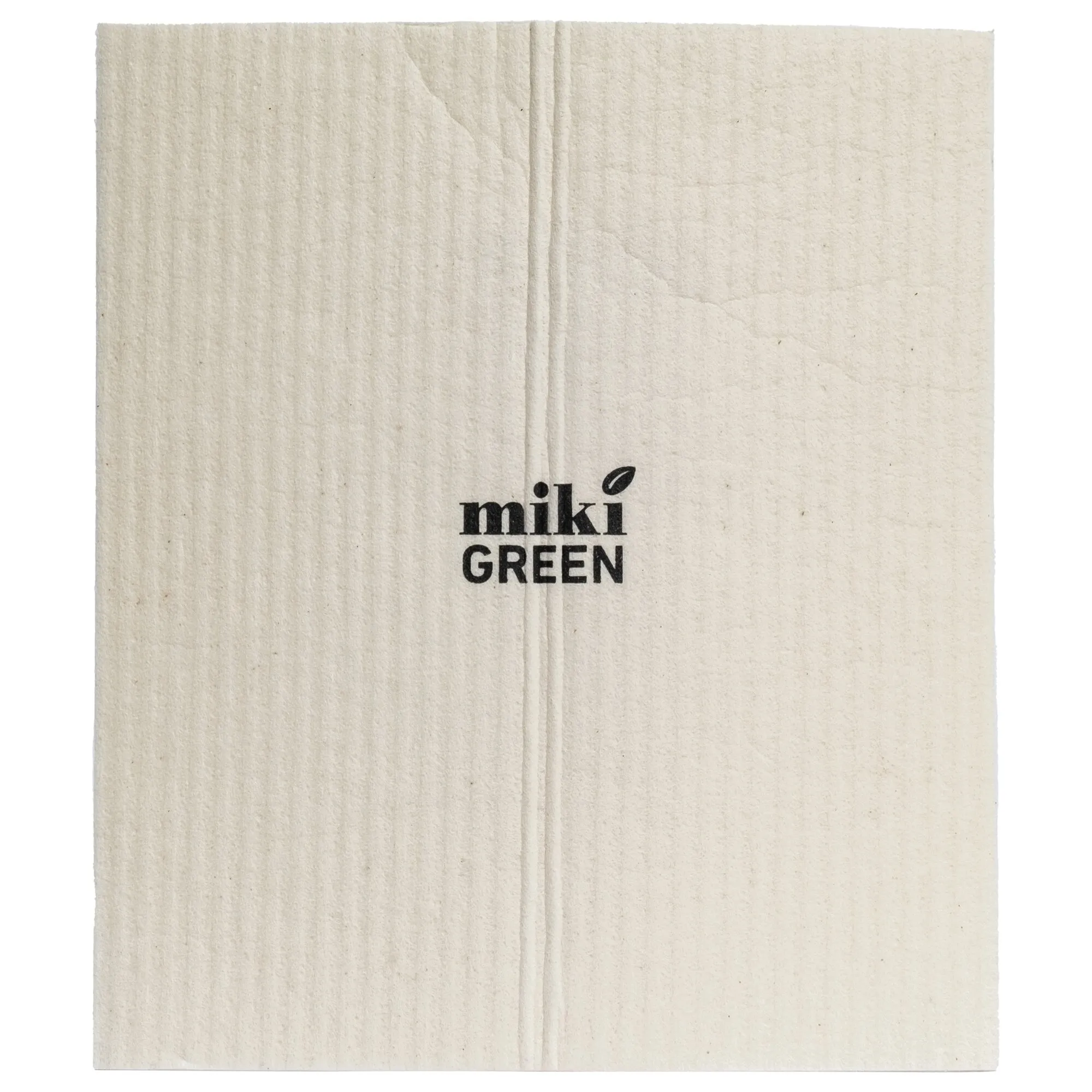 Beiges veganes Schwammtuch von mikki GREEN mit schwarzem Markenaufdruck in der Mitte