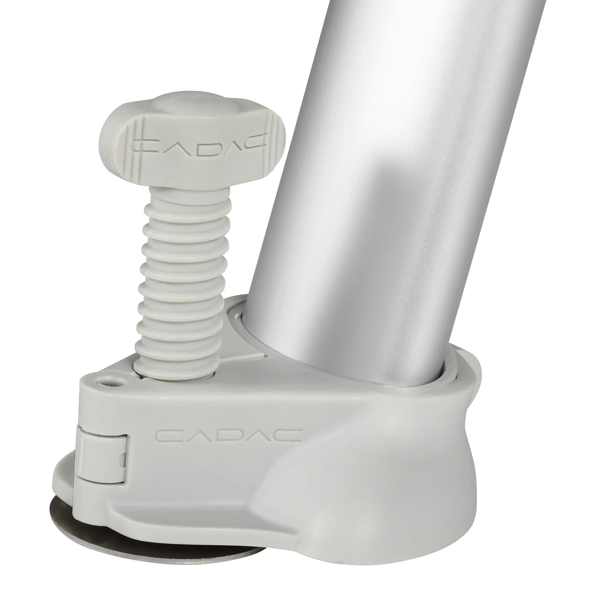 Weißer Beinadapter Leg Leveller von Grillo Chef mit Gewindeverstellung, Standfuß und schwarzer runder Bodenplatte