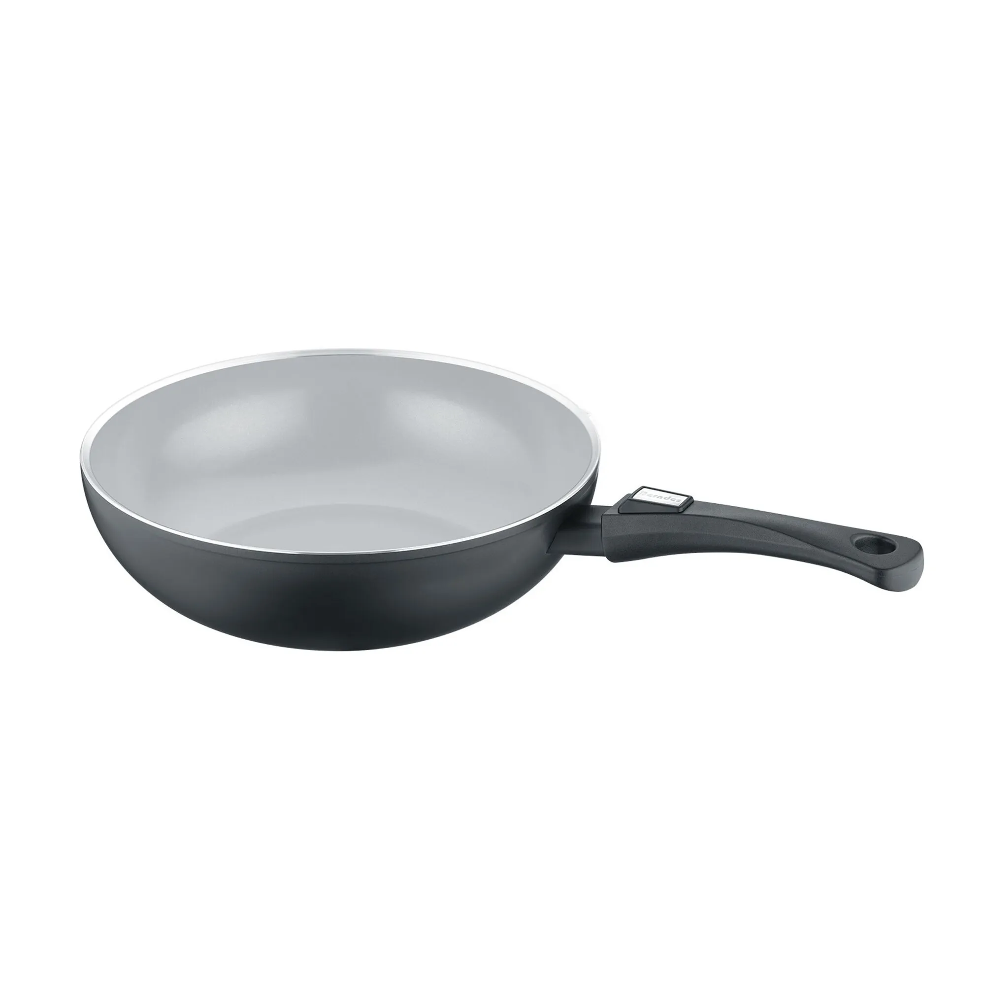 Schwarze Wokpfanne mit hellgrauer Innenfläche, 28 cm Durchmesser und langem ergonomischem Griff mit Aufhängeöffnung