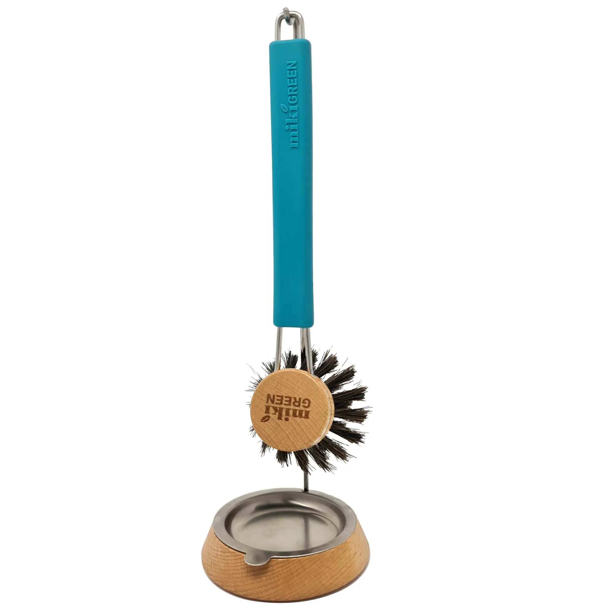 Spülbürstenhalter mit blauem Griff und Metallhaken, darunter zwei runde Bürstenköpfe aus Holz mit Naturborsten, Standfuß aus Holz und Metall