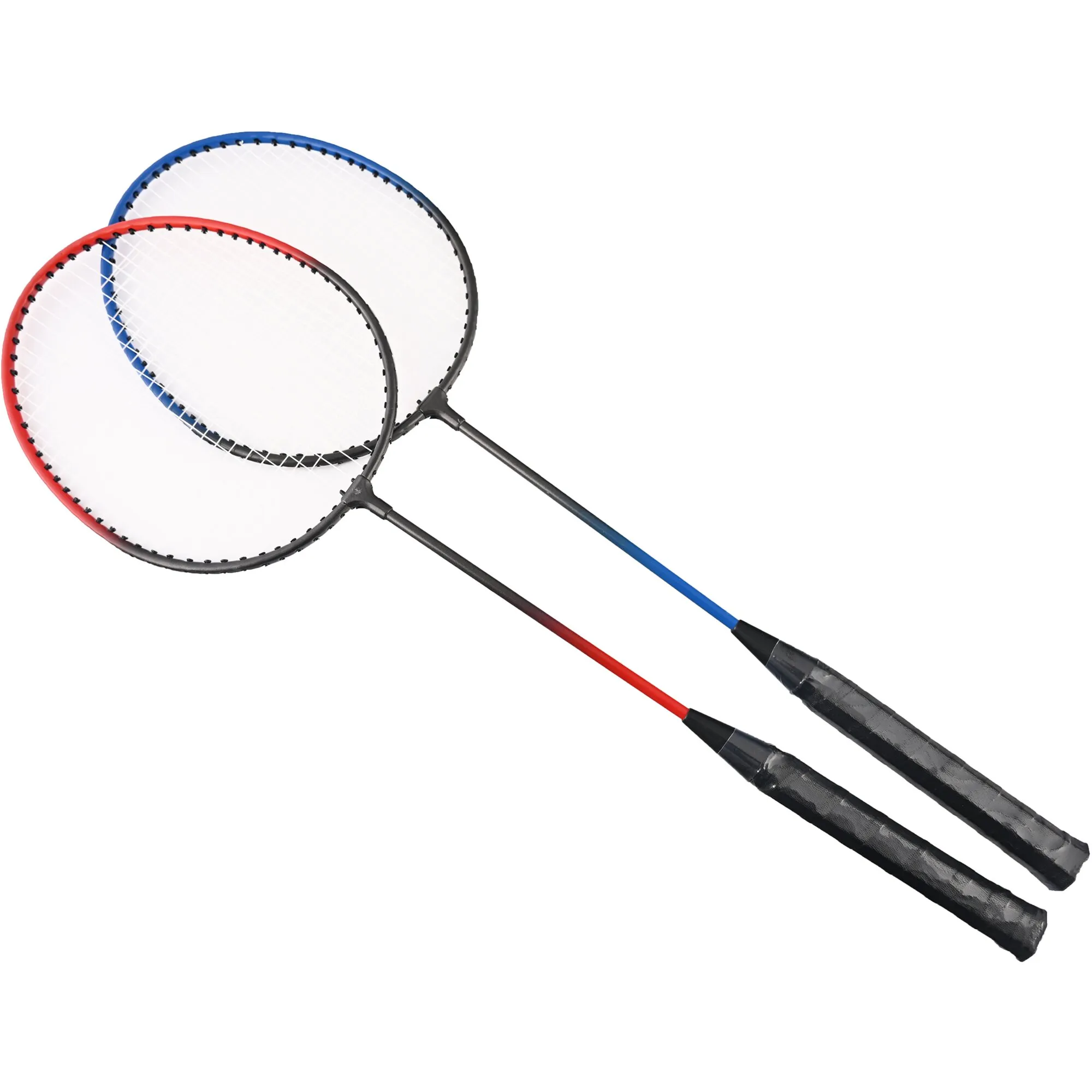 Zwei Badmintonschläger überlappen sich mit rotem und blauem Rahmen, sichtbaren weißen Saiten und schwarzen Griffen vor hellem Hintergrund