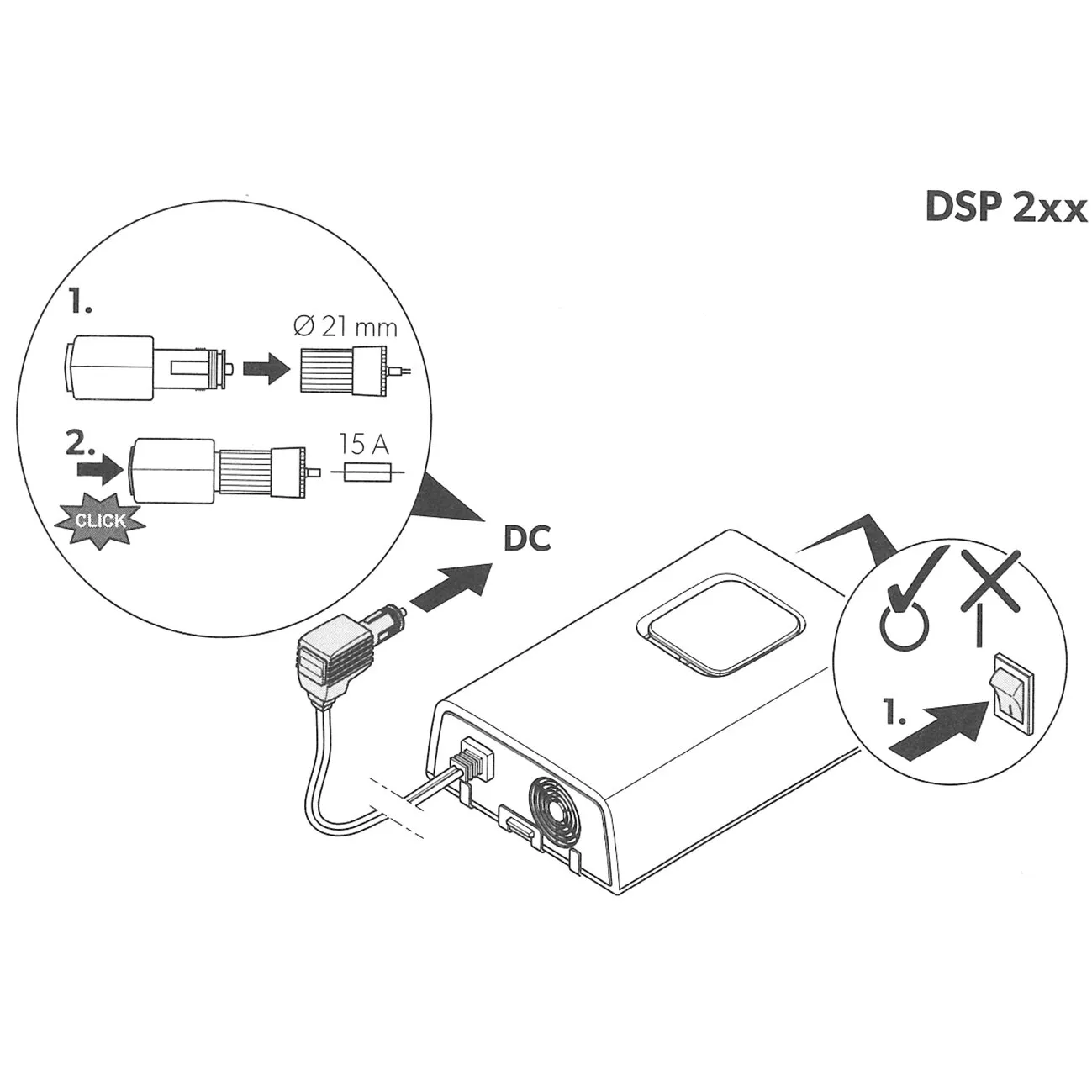 Technische Strichzeichnung des SinePower DSP 24-V-Sinus-Wechselrichters mit 150 W, DC-Stecker, Sicherung und Ein-/Ausschalter