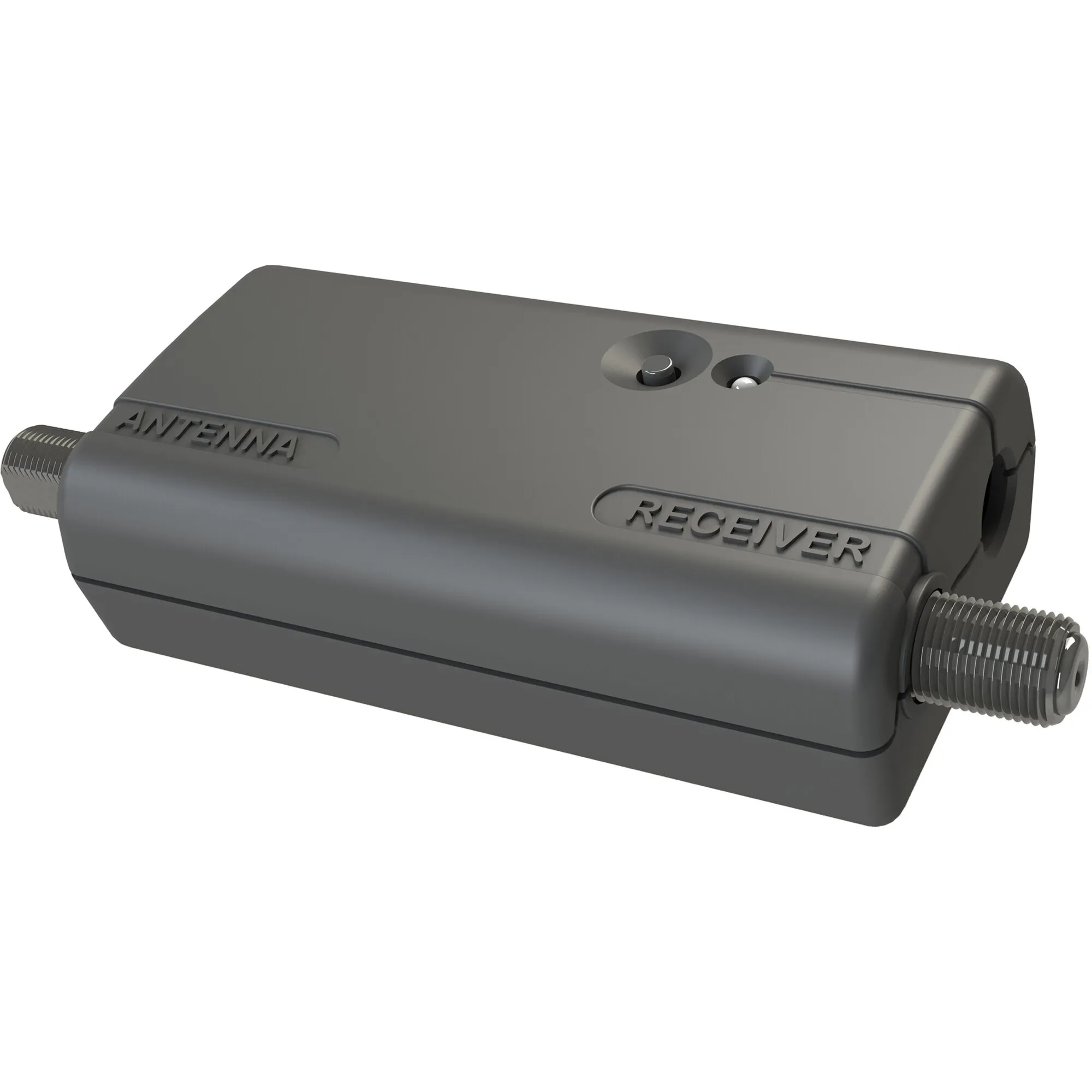 VuQube Auto II, flaches dunkelgraues Empfangsgerät mit seitlichen Gewindeanschlüssen und den Prägungen Antenna und Receiver
