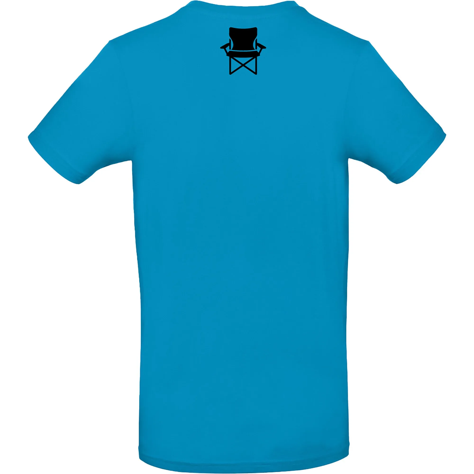 Hawaii-blaues T-Shirt in Größe M mit kurzen Ärmeln und schwarzem Aufdruck eines Campingstuhls am Rundhalsausschnitt