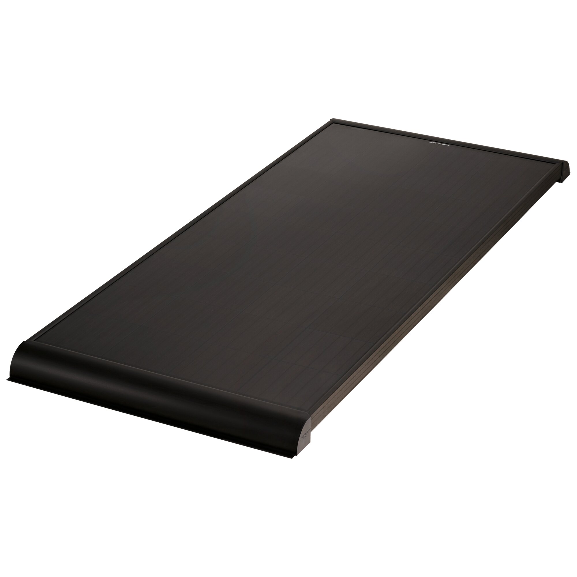 Schwarzes Solarmodul BS185 12 V, 185 Wp, flaches rechteckiges Panel mit dunkler Oberfläche und gerolltem unteren Rand