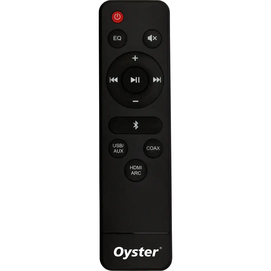 Schwarze Fernbedienung mit roter Power-Taste oben, EQ, Lautstärke, Play/Pause, Bluetooth, USB/AUX, Coax und HDMI ARC Eingängen; Oyster-Logo unten