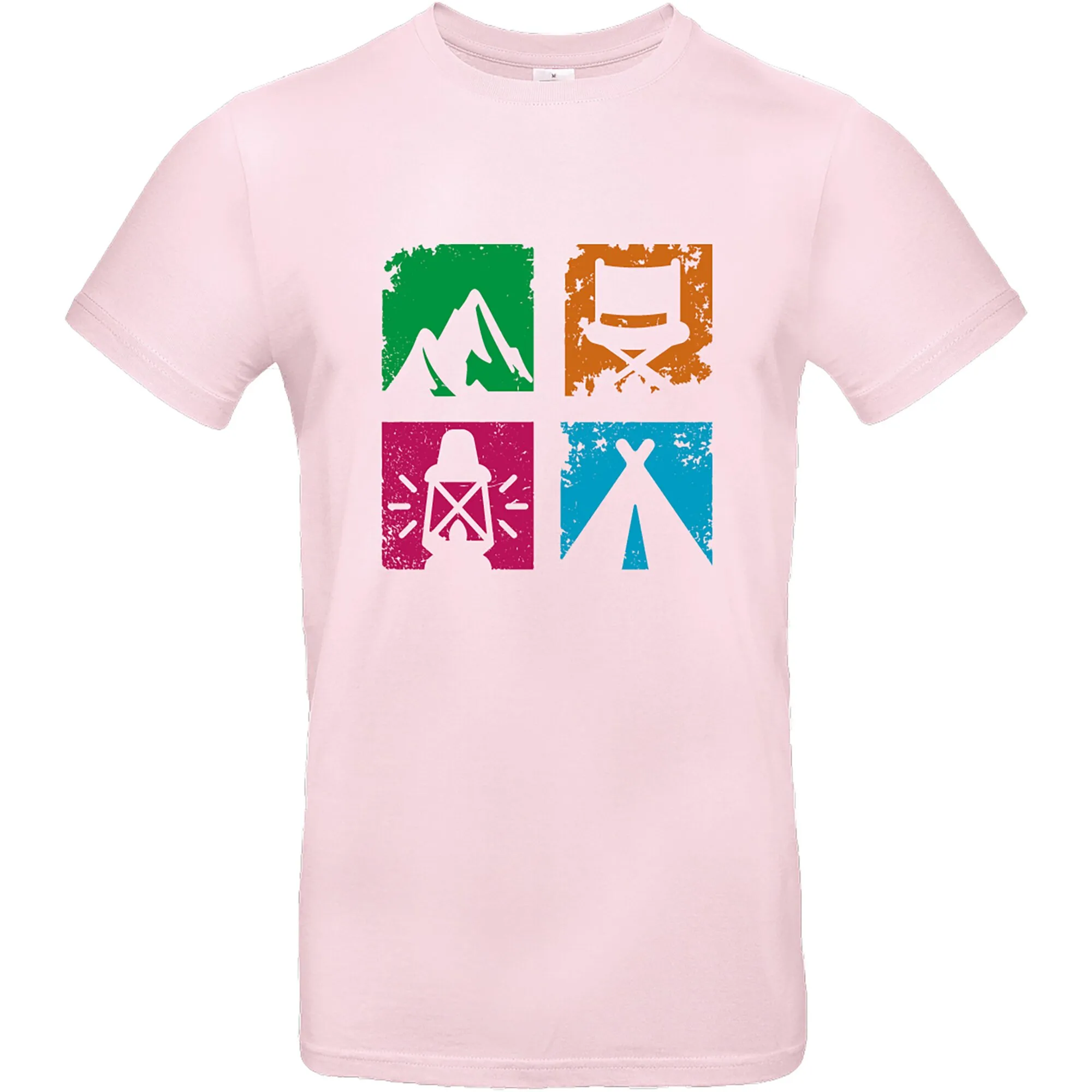 Rosa T-Shirt Vanlife 1 in Größe XL mit vierfarbigem Aufdruck aus Berg, Klappstuhl, Campinglaterne und Zelt