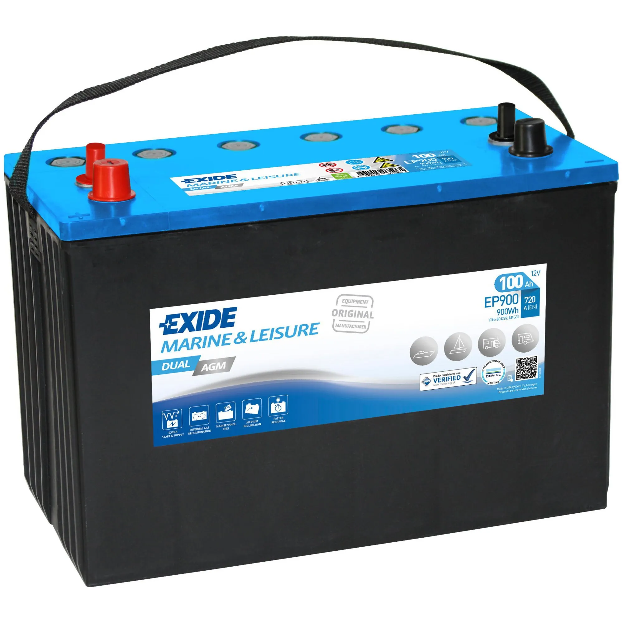 Exide Marine-&-Leisure-Batterie Dual AGM EP900 mit 100 Ah und 12 V, schwarzem Gehäuse, blauem Deckel und Tragegriff
