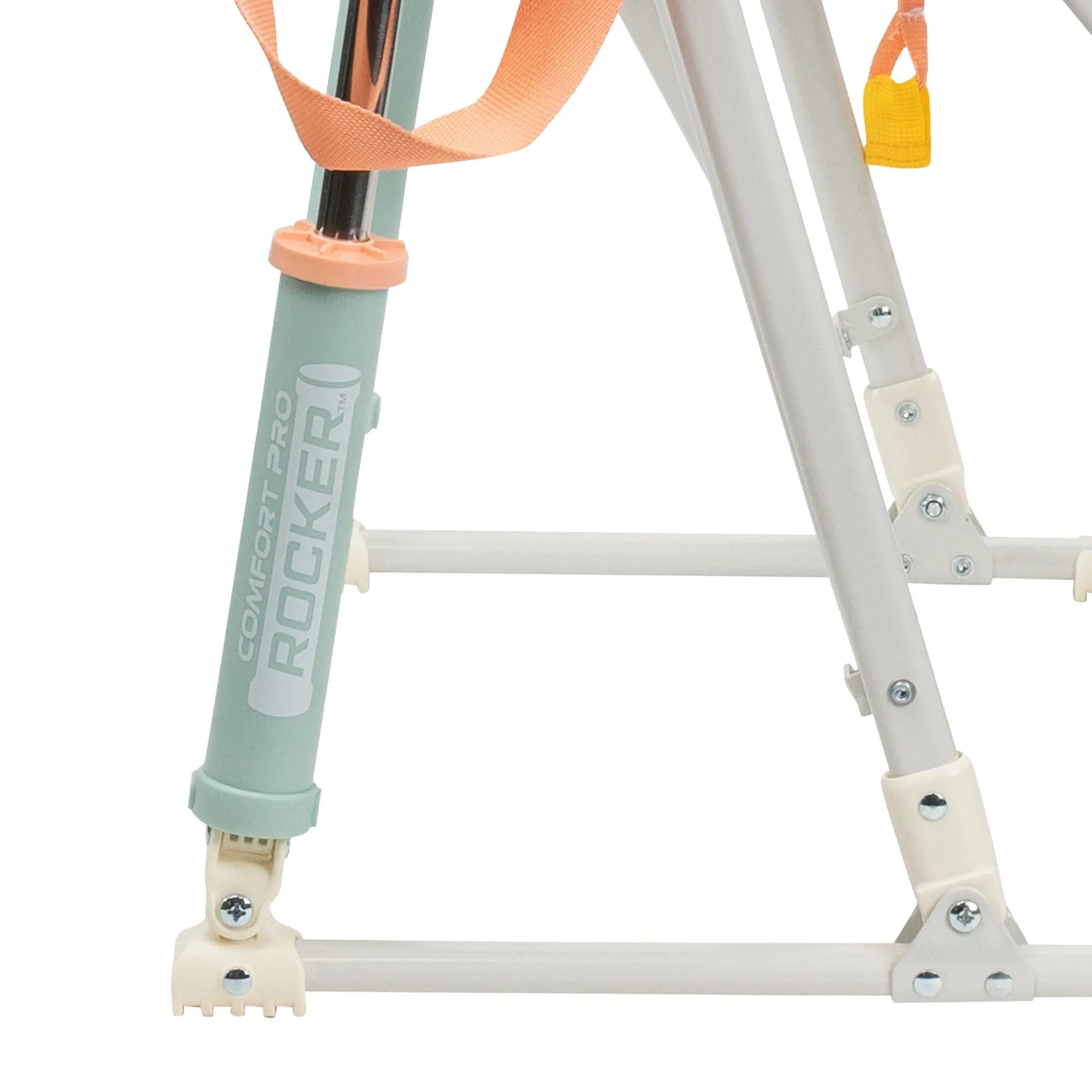 Detailaufnahme eines Camping-Schaukelstuhls Comfort Pro Rocker floral: pastelgrüne Stange, peachfarbenes Gurtband und beige Rahmenverbindungen