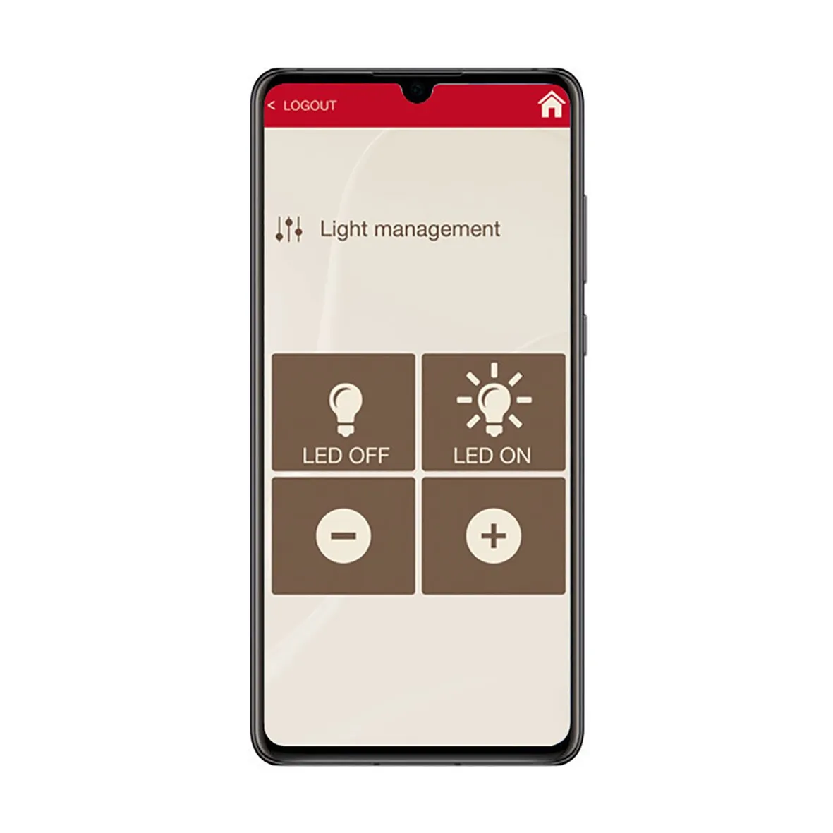 Smartphone mit App-Oberfläche zur Lichtsteuerung, Tasten für LED an, LED aus sowie Helligkeit plus und minus, Motor Kit Advanced F80s titanium