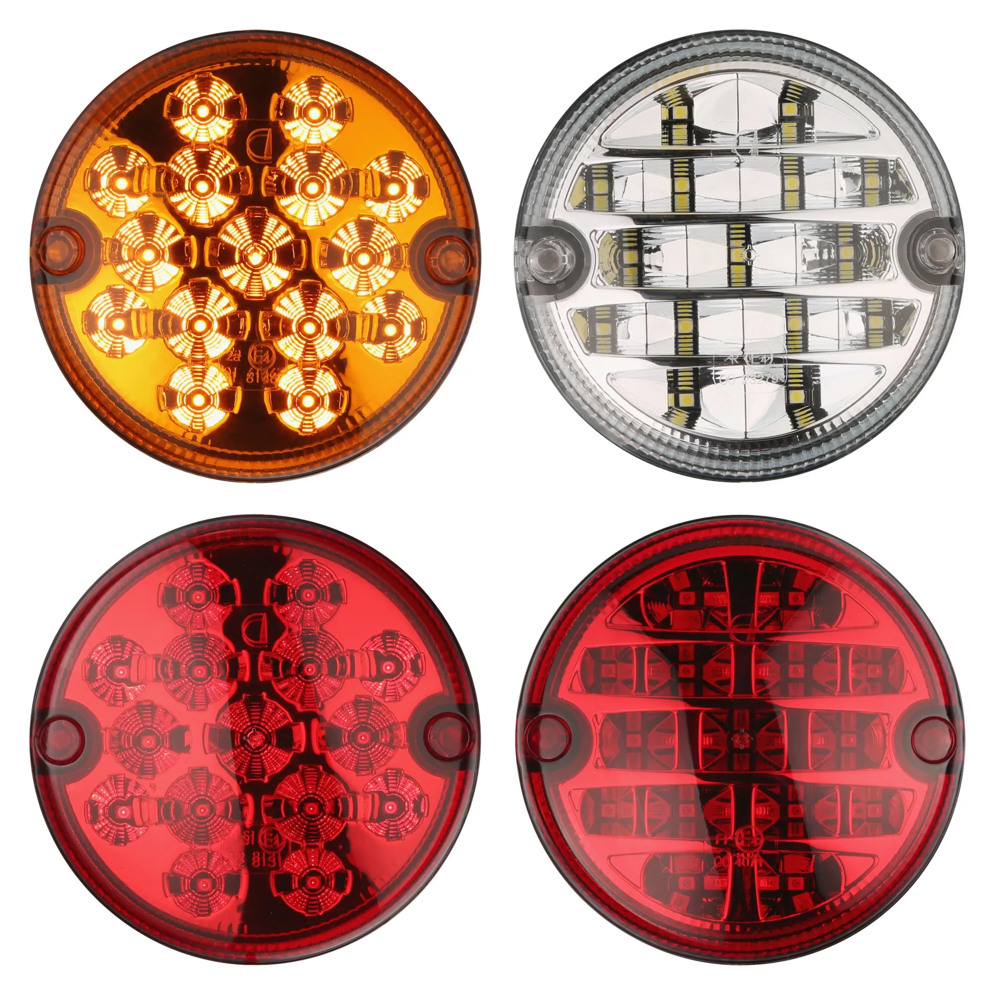 Rundes Heckleuchten-Ersatz-Kit mit vier LED-Leuchten: zwei orangefarbene und zwei rote Leuchten mit klarer Abdeckung