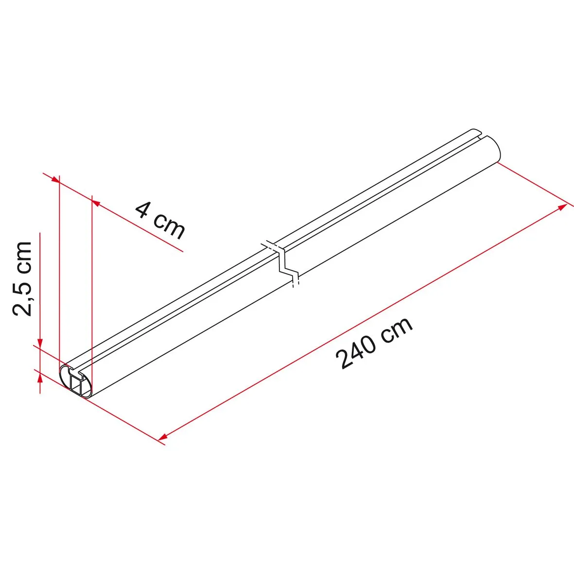Technische Zeichnung der Tragestange Fixing Bar Pro L mit 240 cm Länge sowie Maßen von 4 cm Breite und 2,5 cm Höhe