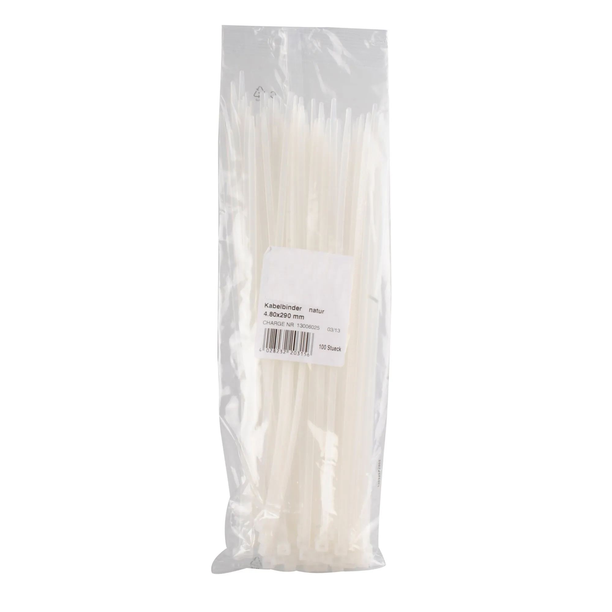 Transparenter Beutel mit 100 naturfarbenen Kabelbindern, 4,8 × 290 mm, aufrecht verpackt