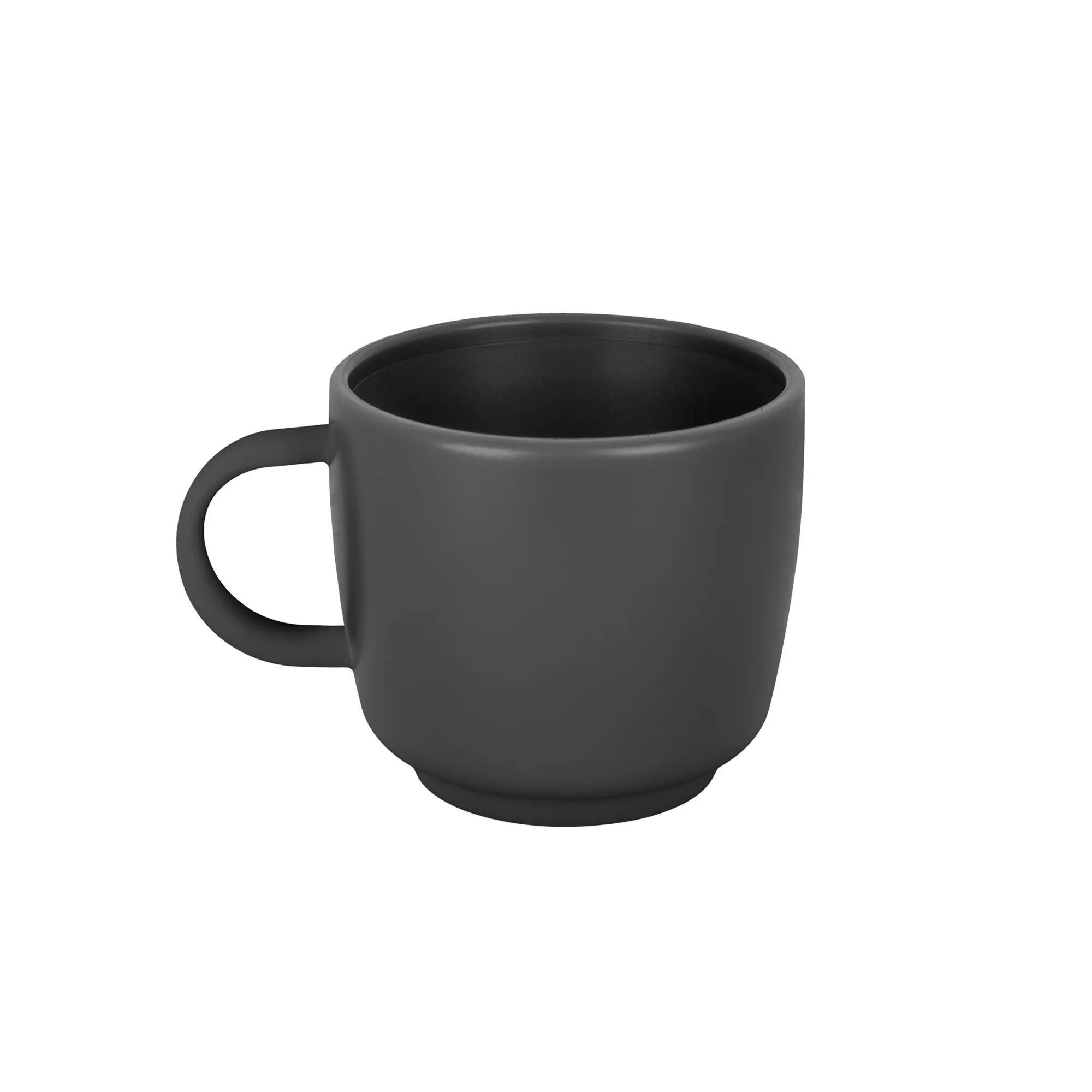 Grauer Henkelbecher aus der Dolomit Collection, Vorderansicht mit Griff links, dunkler Innenraum und mattes Oberflächenfinish