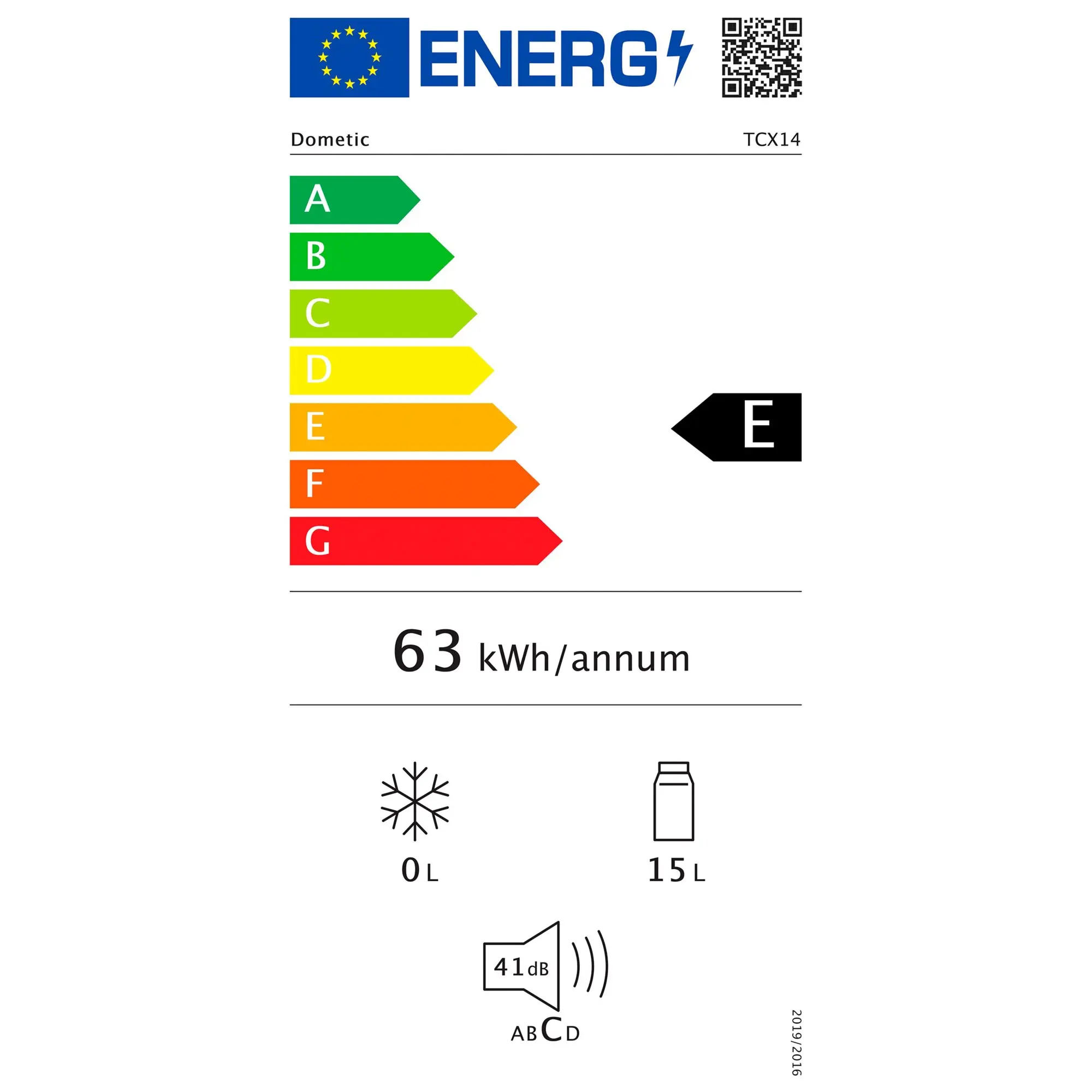 EU-Energieeffizienz-Label einer TropiCool Kühlbox TCX14 15 L; farbige A–G Balken, Frost- und Flaschen-Symbol, 63 kWh/Jahr, 41 dB