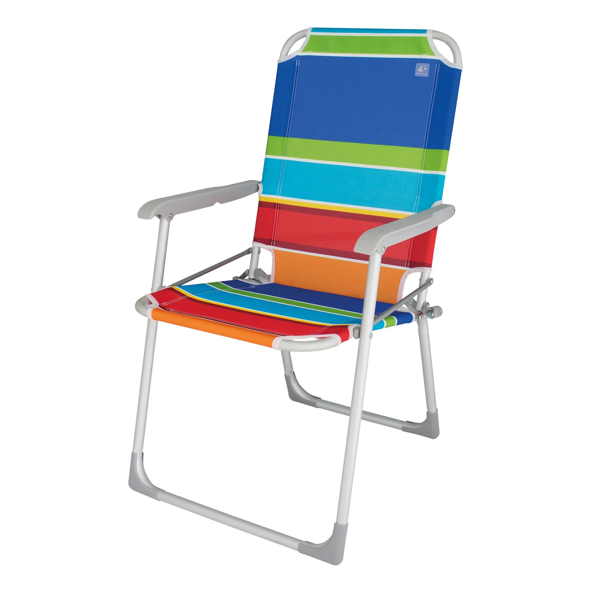 Strandstuhl Béziers mit weißem Metallgestell, grauen Armlehnen und bunt gestreiftem Sitz- und Rückenbezug in Blau, Grün, Rot und Orange