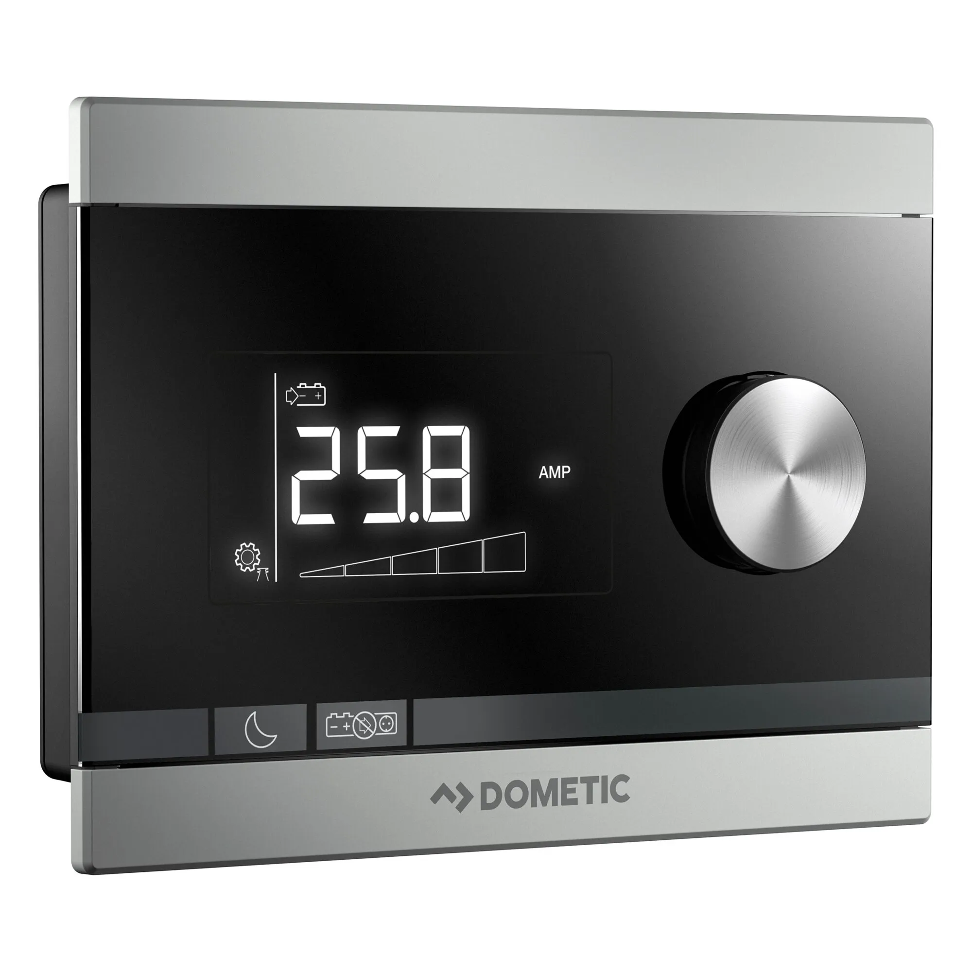 Schwarze und silberne Komfort-Fernbedienung Dometic SinePower mit Drehregler und Displayanzeige 25,8 AMP