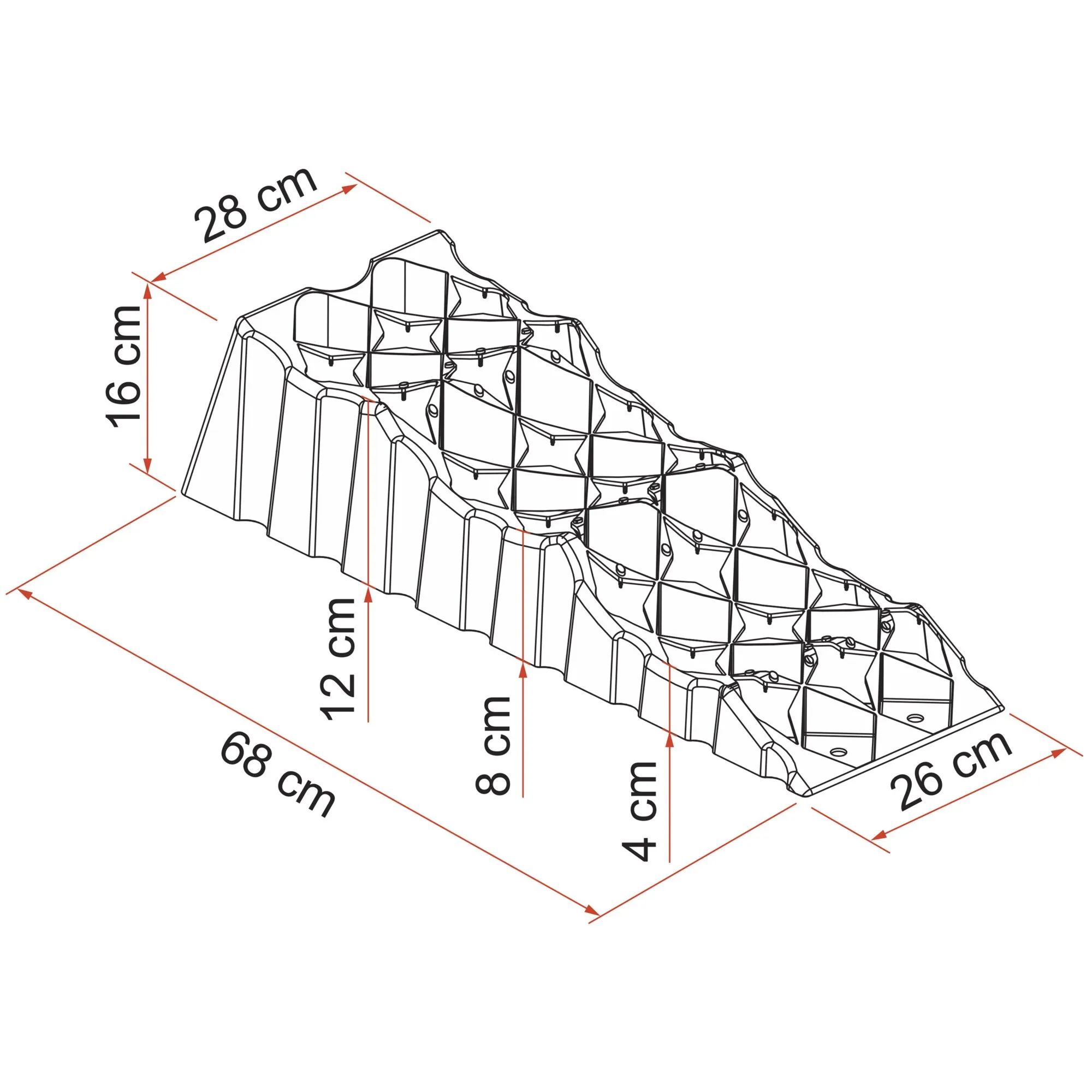 Technische Zeichnung des Auffahrkeil-Kits Level Up S mit stufenförmiger Rampe und Maßangaben von 4 bis 16 cm sowie 68 cm Länge