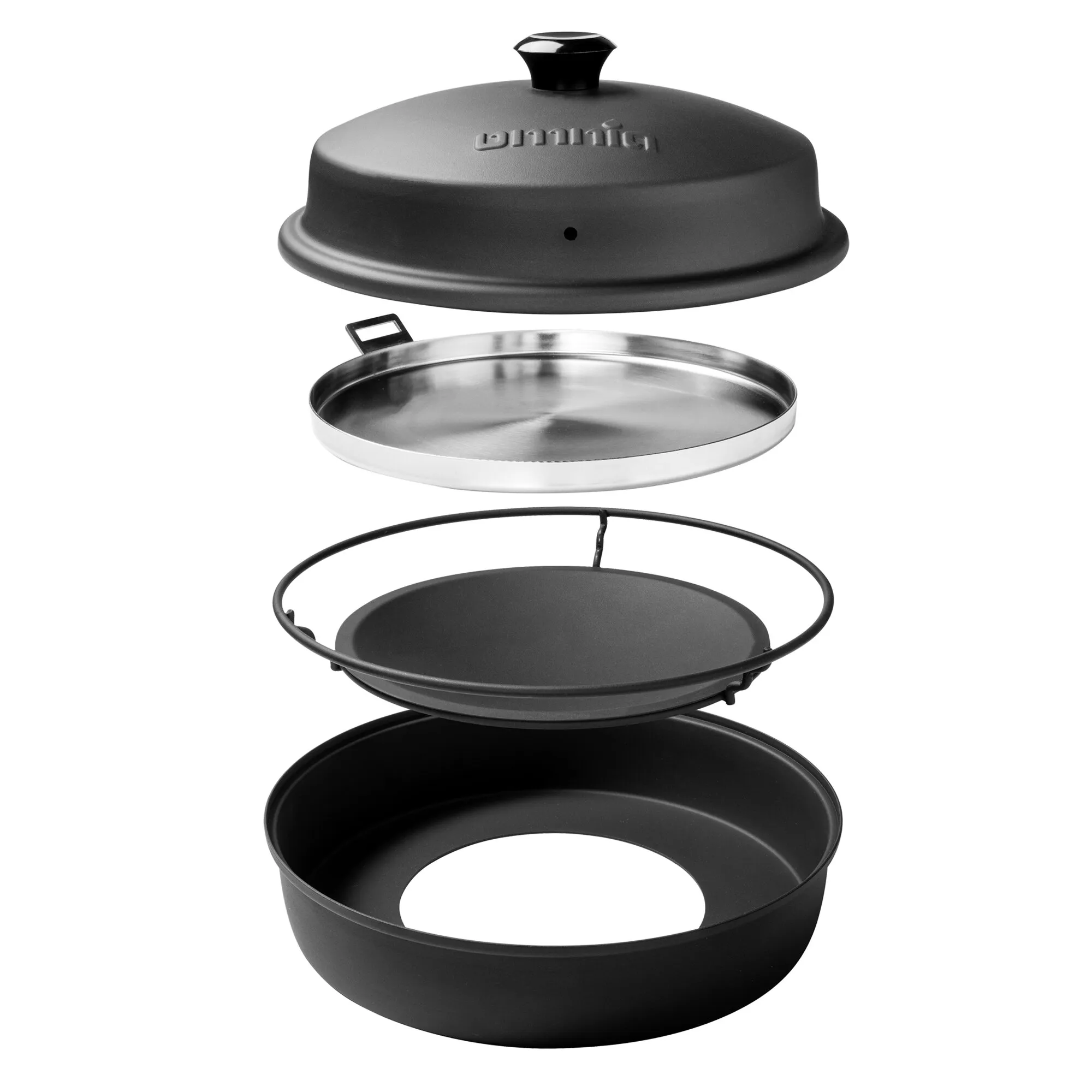 Schwarzer Stovetop-Pizzaofen mit Deckel, rundem Pizzablech, Grillrost und zerlegten Ofenkomponenten aus Metall