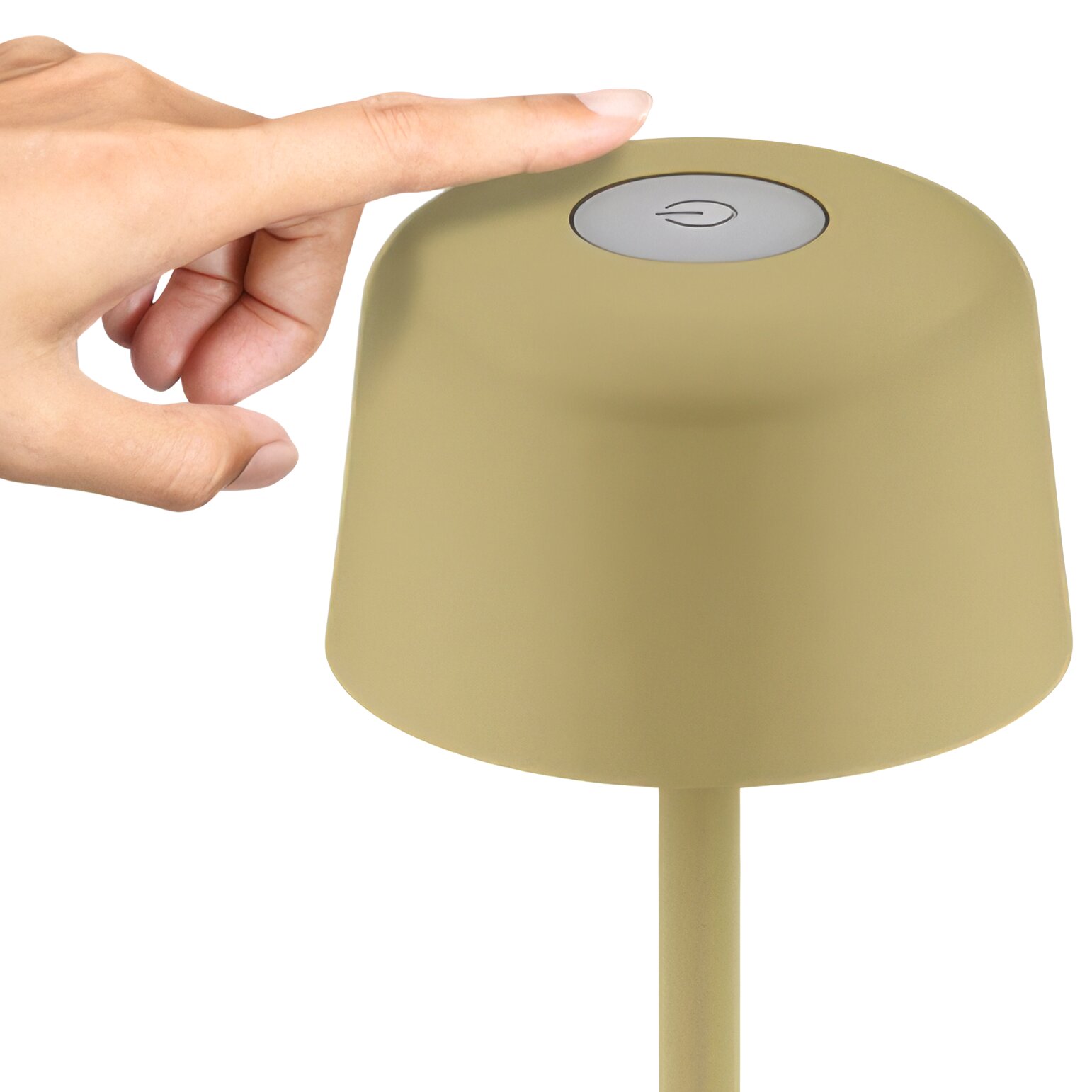 Beige LED-Tischleuchte mit rundem silbernem Bedienfeld auf dem Lampenkopf; eine Hand drückt den Ein-Aus-Knopf, Hintergrund weiß