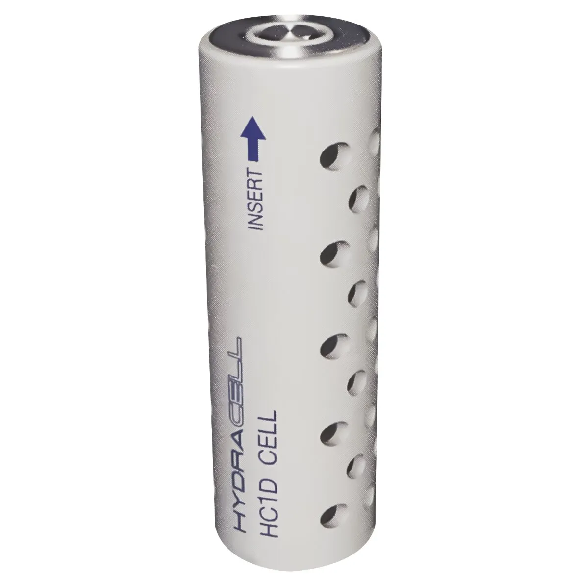 Zylindrische silberne TC Energiezelle TC1D mit seitlichen Öffnungen, Pfeil und Aufschrift INSERT sowie HYDRACELL HC1D CELL