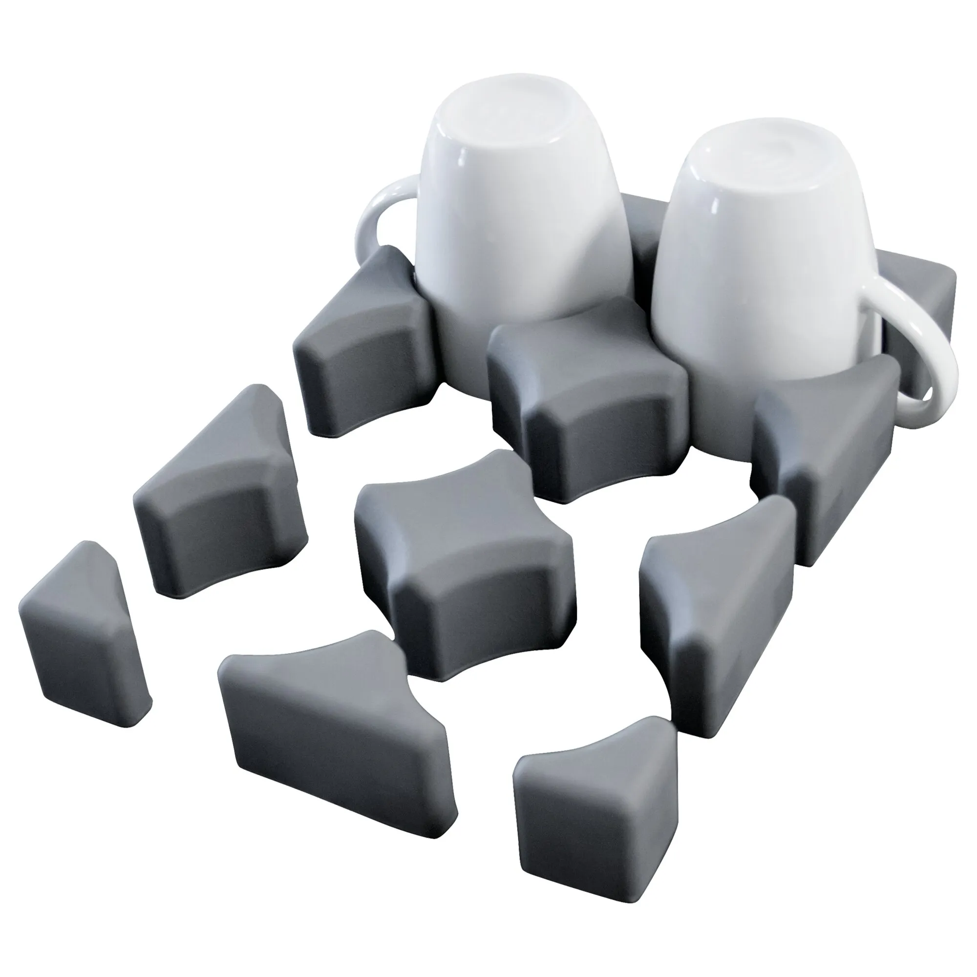 Vario System, Modul I mit zwei weißen Tassen in dunkelgrauen Halterungen und mehreren separat dargestellten Modulteilen
