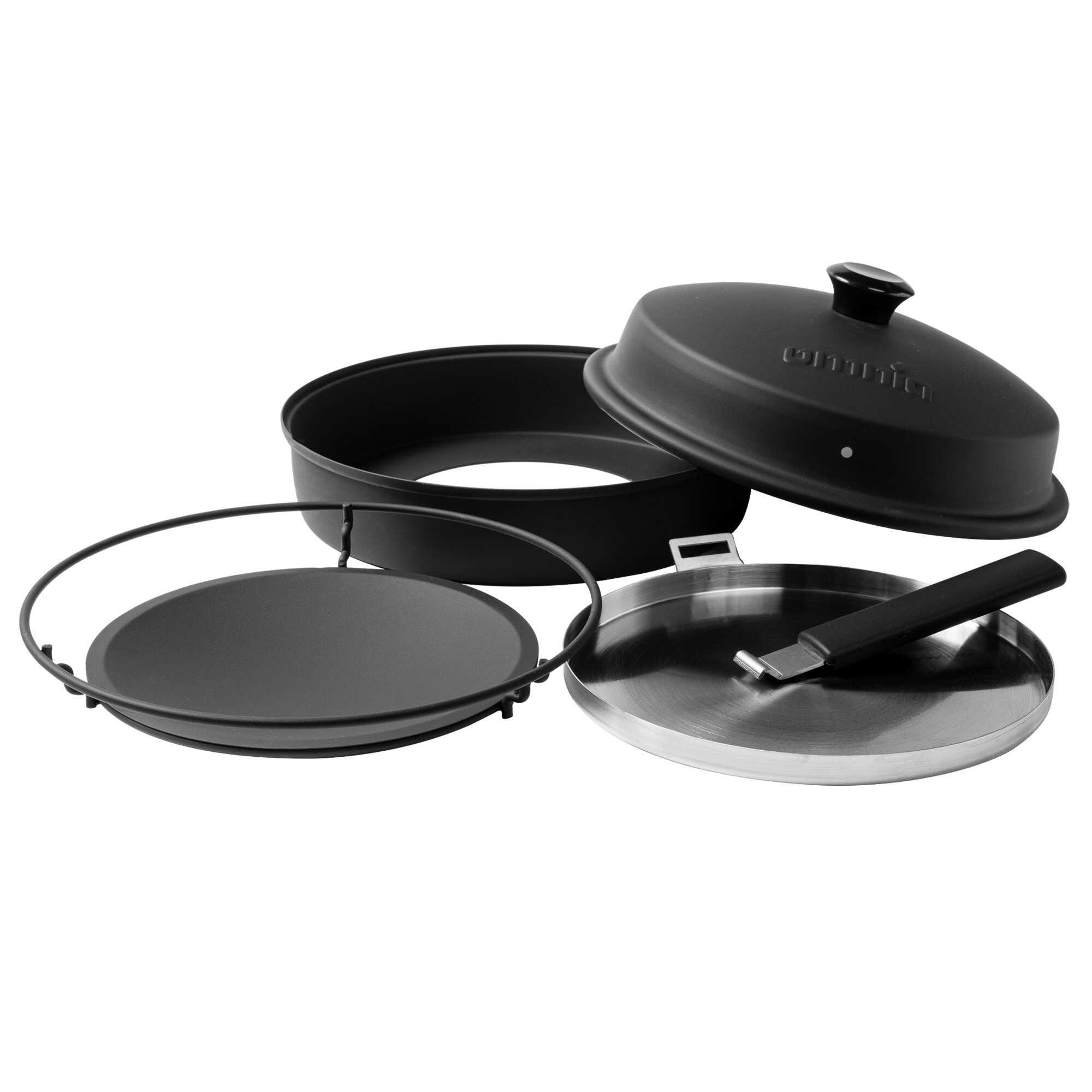 Mehrteiliges Stovetop-Pizzaofen-Set aus schwarzem Metall: runde Töpfe mit Deckeln, Metallringe und ein Spatel