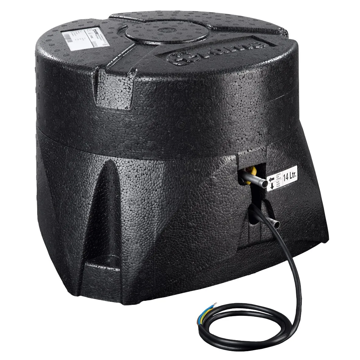 Schwarzer elektrischer Boiler mit runder, isolierter Styroporverkleidung, 14-Liter-Anzeige, Anschlüssen und losem Stromkabel