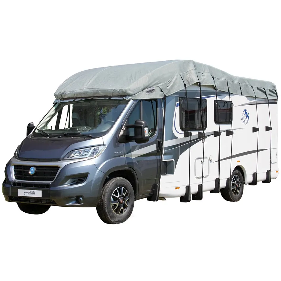Graue Dachschutzplane Wintertime mit Abspannbändern auf einem weißen und grauen Wohnmobil, Seitenansicht, 650 cm