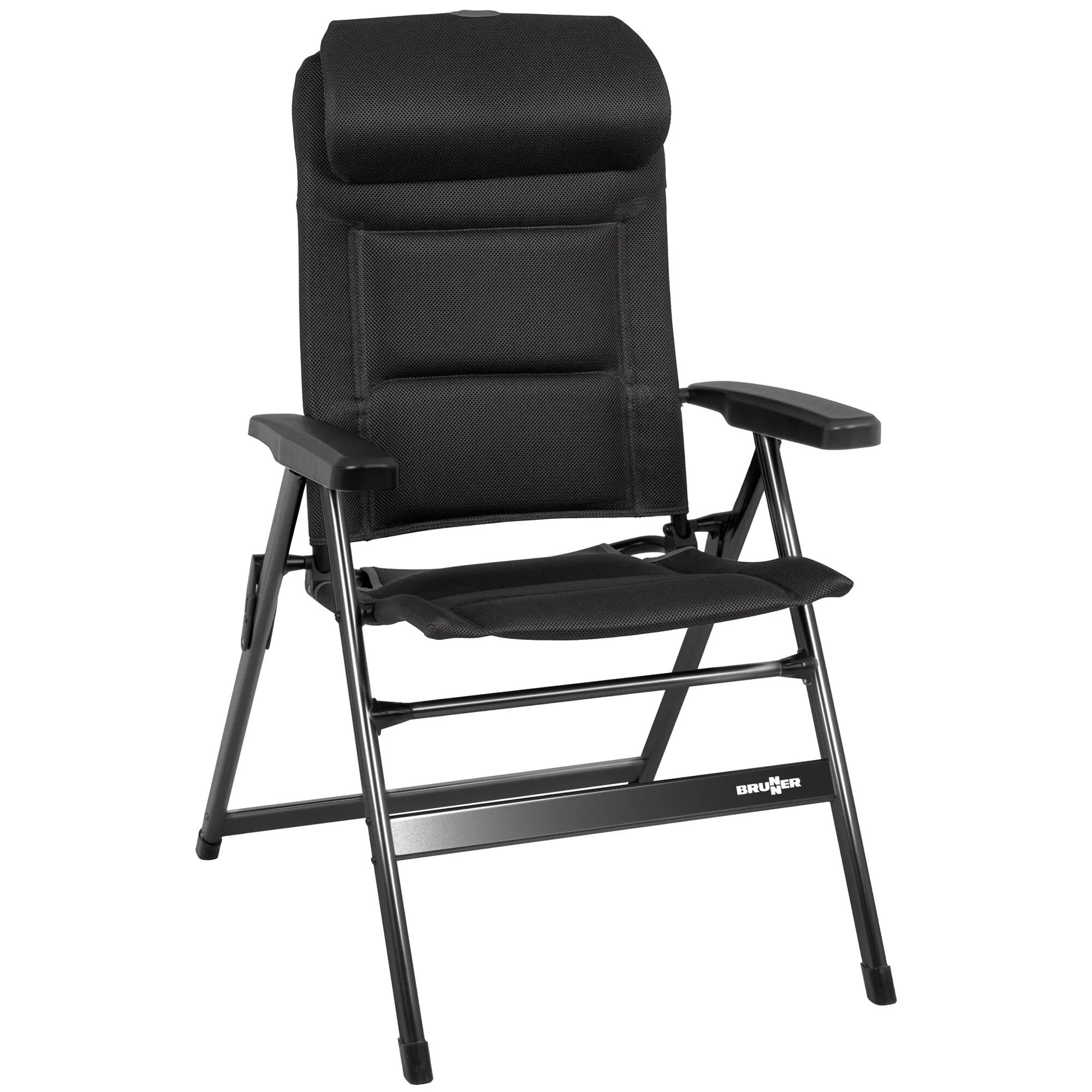 Schwarzer Campingstuhl Brunner Aravel H2L L mit gepolsterter Rückenlehne, Armlehnen und klappbarem Metallgestell