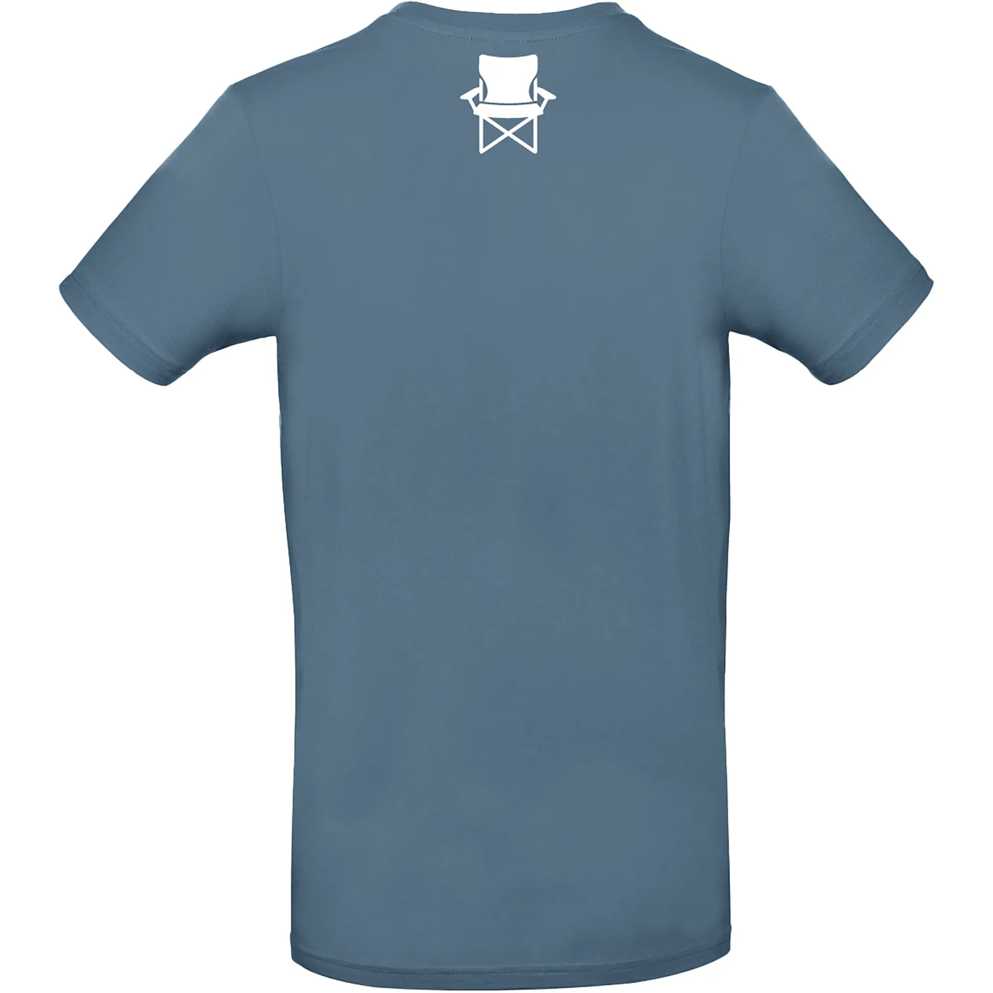 Grau-blaues T-Shirt in Größe XL mit kurzen Ärmeln und weißem Campingstuhl-Motiv im Nackenbereich
