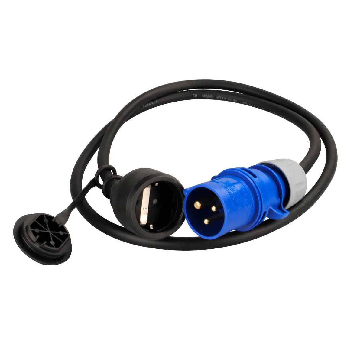Adapterkabel CEE/Schuko mit 1,50 m schwarzem Kabel, blauem CEE-Stecker und schwarzer Schuko-Kupplung mit Schutzkappe