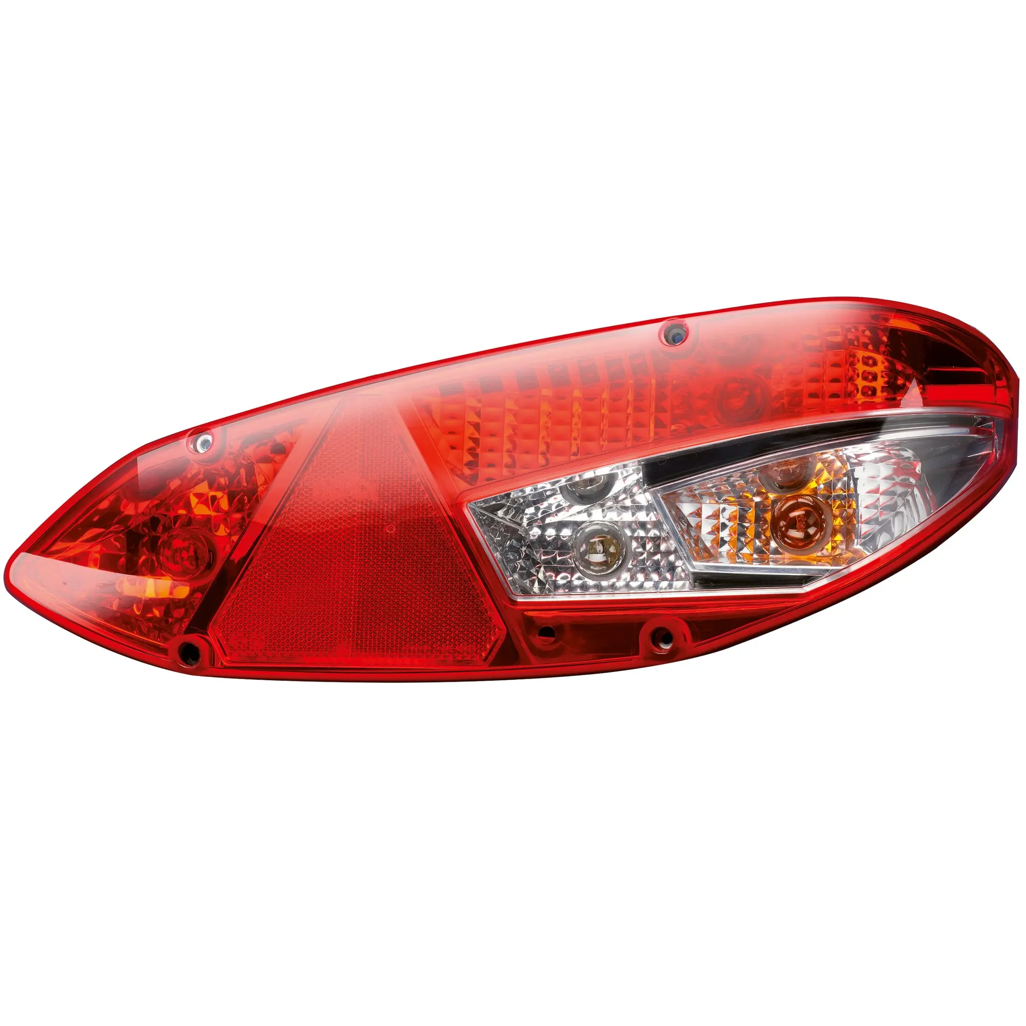 Multifunktionsleuchte für Wohnwagen, rechte Heckleuchte: rote, mehrteilige Linse mit LED-Segmenten und Reflektoren