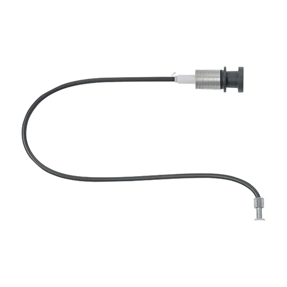 Wandhalter Sky 10N Bowdenzug: schwarzes flexibles Kabel mit gewindetem Metallteil oben rechts und Schraubbolzen unten rechts
