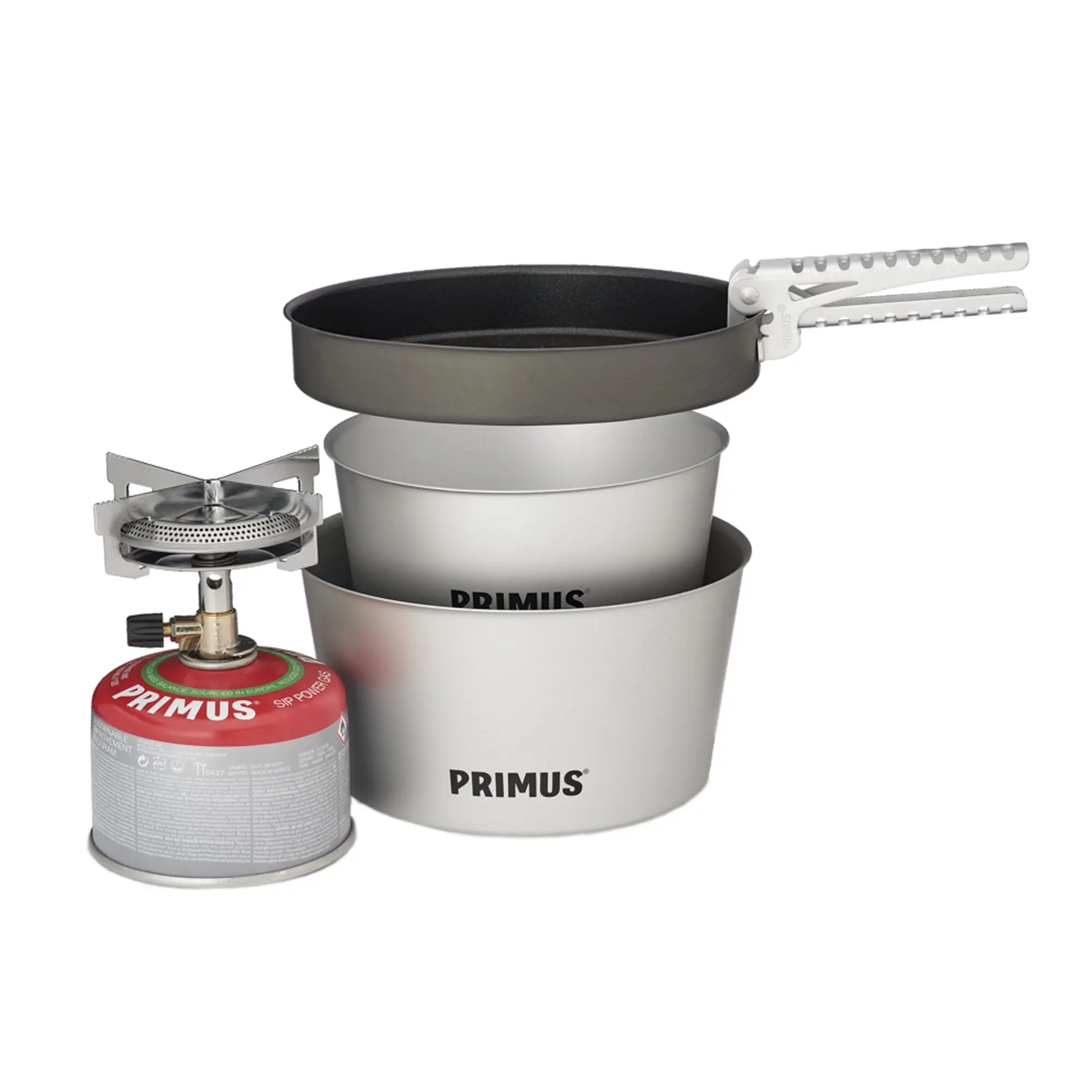 Primus Mimer Backpacking Stove Kit mit gestapelten Töpfen und Pfanne, klappbaren Griffen, Brenner und Propangasflasche