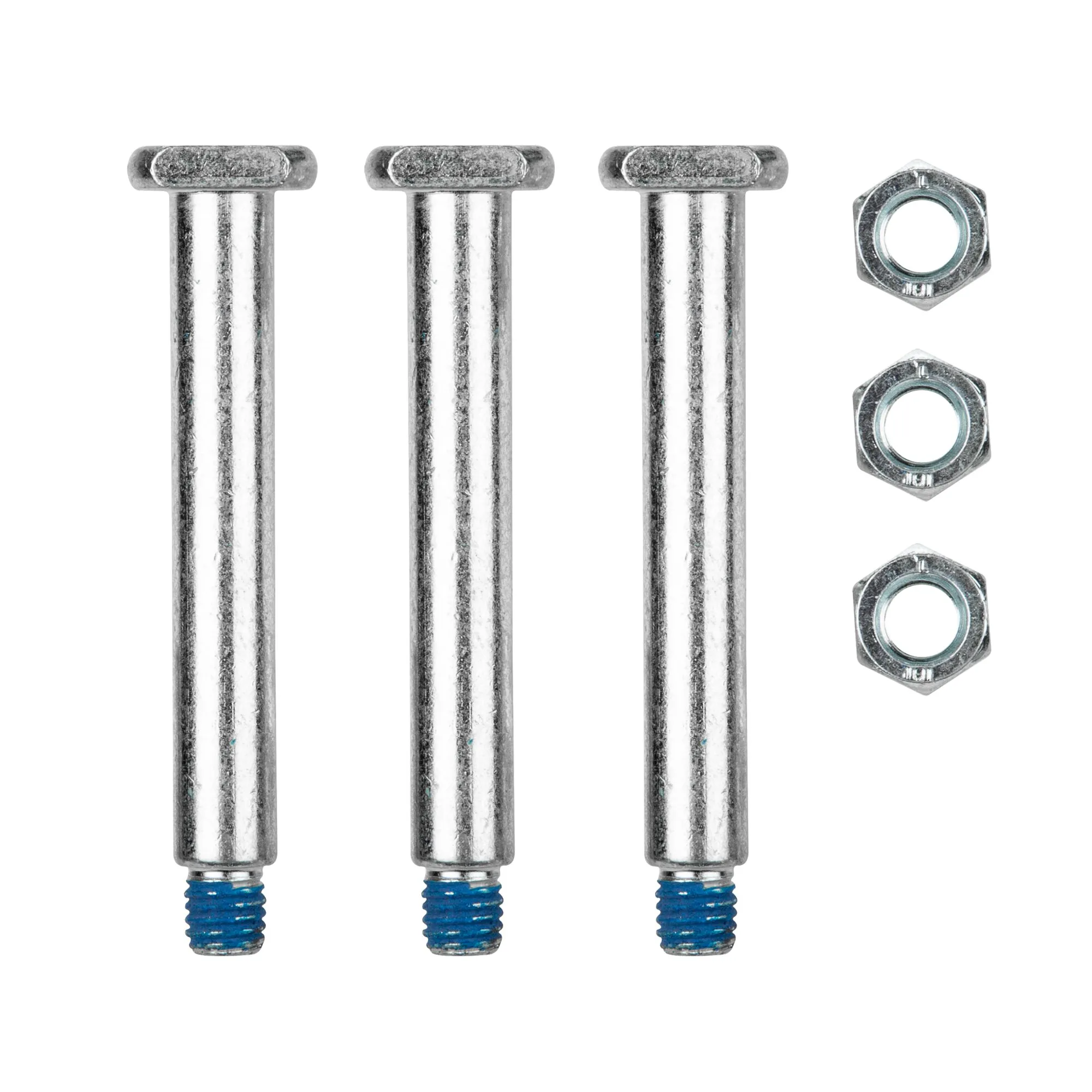 Motor/Getriebe B mit drei silberfarbenen Zylinderstiften mit Querplatten und blau beschichteten Gewinden sowie drei Sechskantmuttern