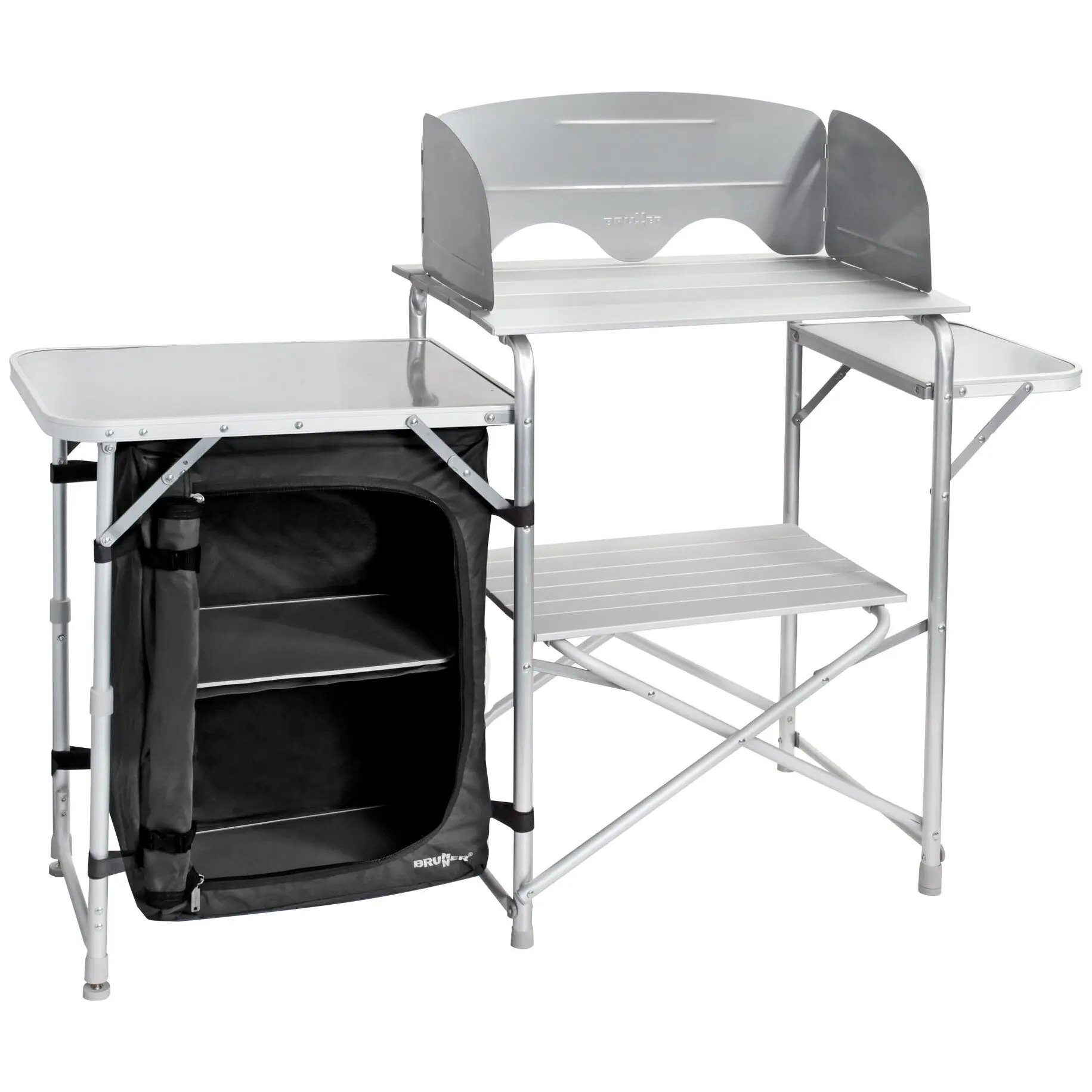 Kocherschrank Snack Easy Black: silbernes Metallgestell mit zentraler Arbeitsfläche, halbrunde Rückwand und seitliche Schutzwände, darunter eine schwarze Stofftasche