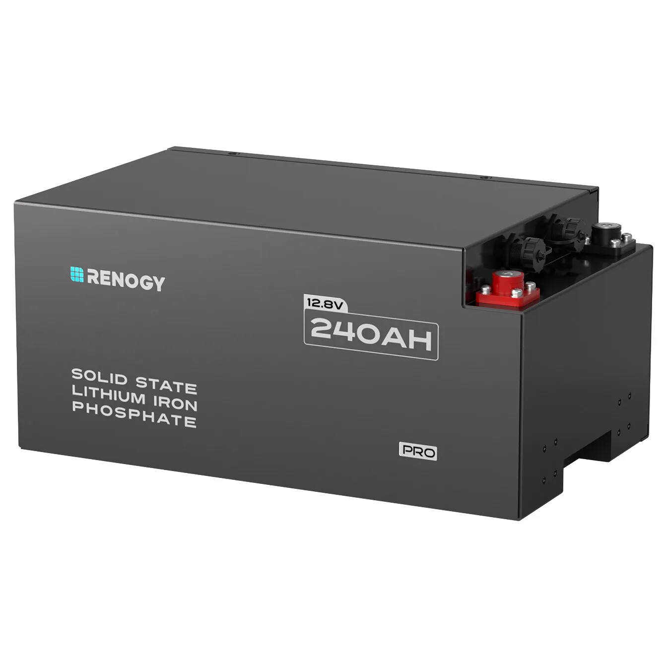 Renogy Lithium-Eisenphosphat-Batterie PRO in schwarzem Gehäuse, 12,8 V und 240 Ah, mit sichtbaren Anschlüssen