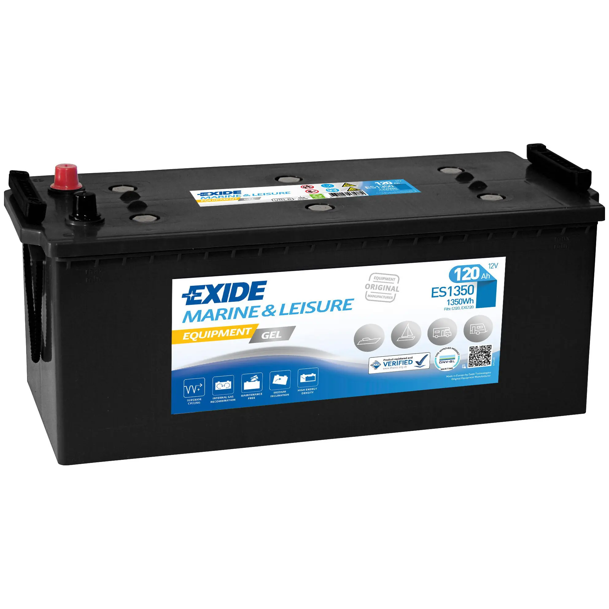 Schwarze Gel-Batterie mit rotem Pluspol links, flaches Gehäuse und Etikett EXIDE MARINE & LEISURE mit Angabe 120 Ah