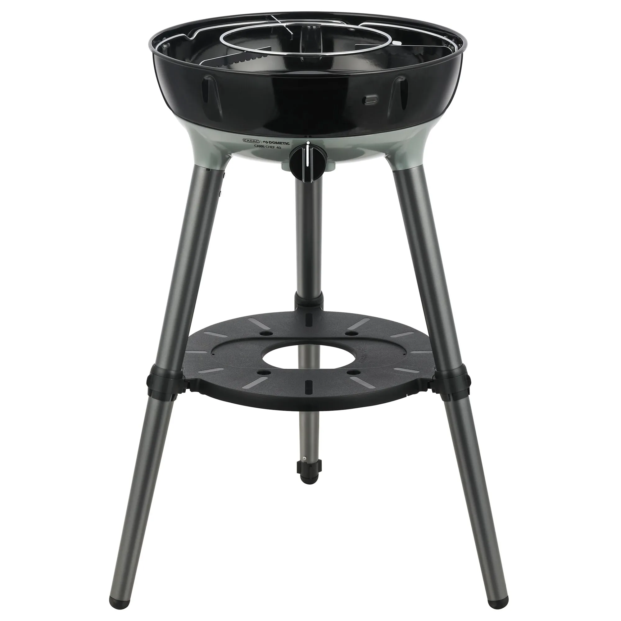 Gasgrill Cadac Carri Chef 40 BBQ in Schwarz und Grau mit rundem Grillgehäuse, Bedienknopf, drei Beinen und Ablagefläche