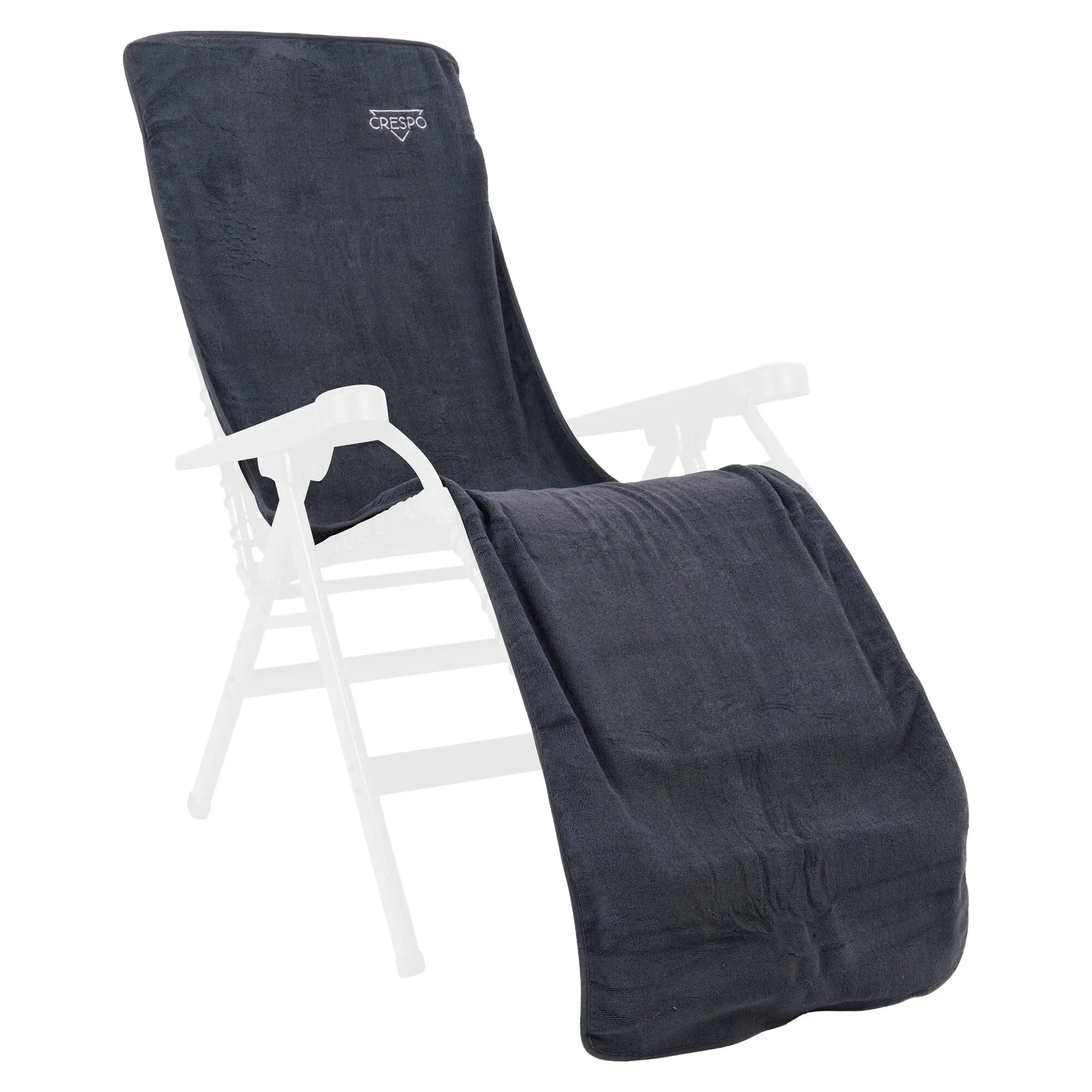 Dunkelgrauer CR Sitzbezug aus weichem Textil für einen Relaxsessel, über Sitzfläche und Rückenlehne eines weißen Sessels gelegt, 200 x 58 cm