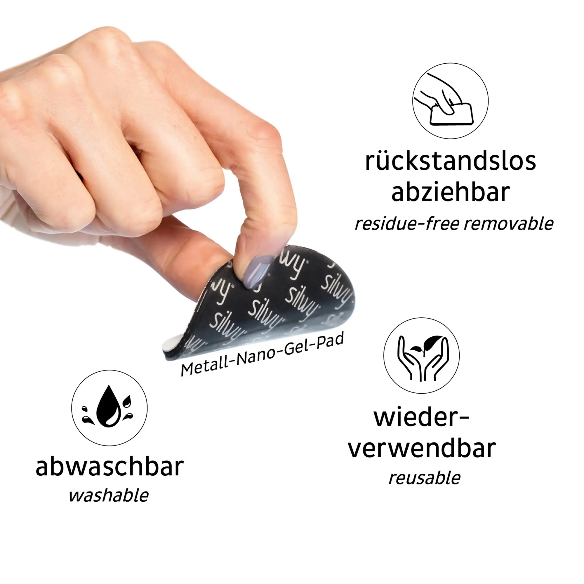 Hand hält ein schwarzes rundes Metal-Nano-Gel-Pad mit wiederholtem Silwy-Schriftzug, im Hintergrund steht der Text rückstandslos abziehbar