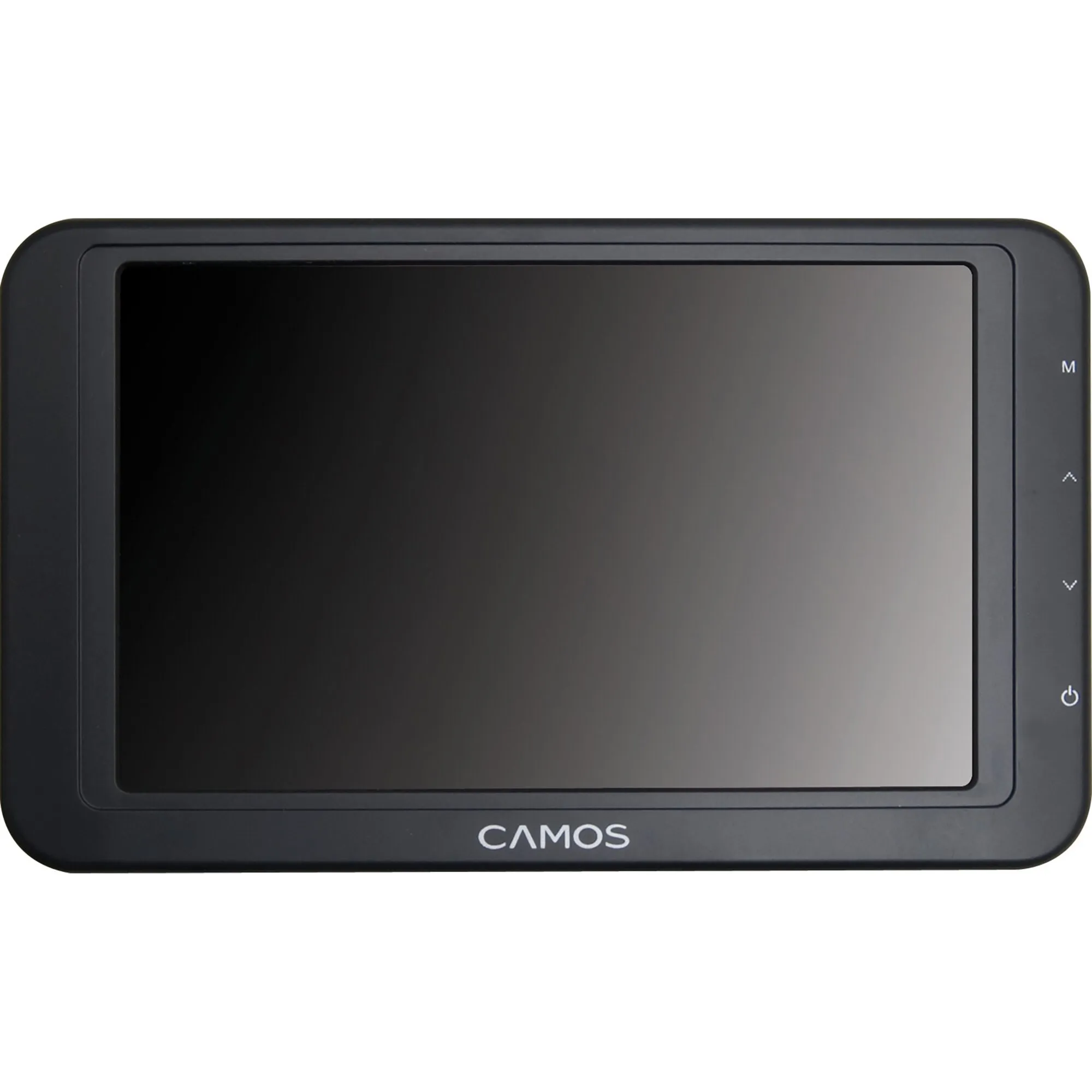 Schwarzer Camos Rear-View-Monitor CM-510 mit großem Display, Bedientasten an der rechten Seite und Camos-Schriftzug unten