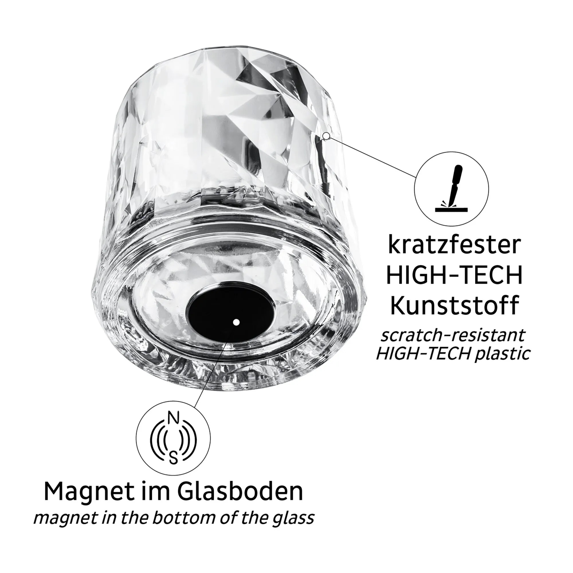 Facettiertes, transparentes Whiskyglas aus Kunststoff mit sichtbarem Magneten im Glasboden und Hinweis auf Kratzfestigkeit