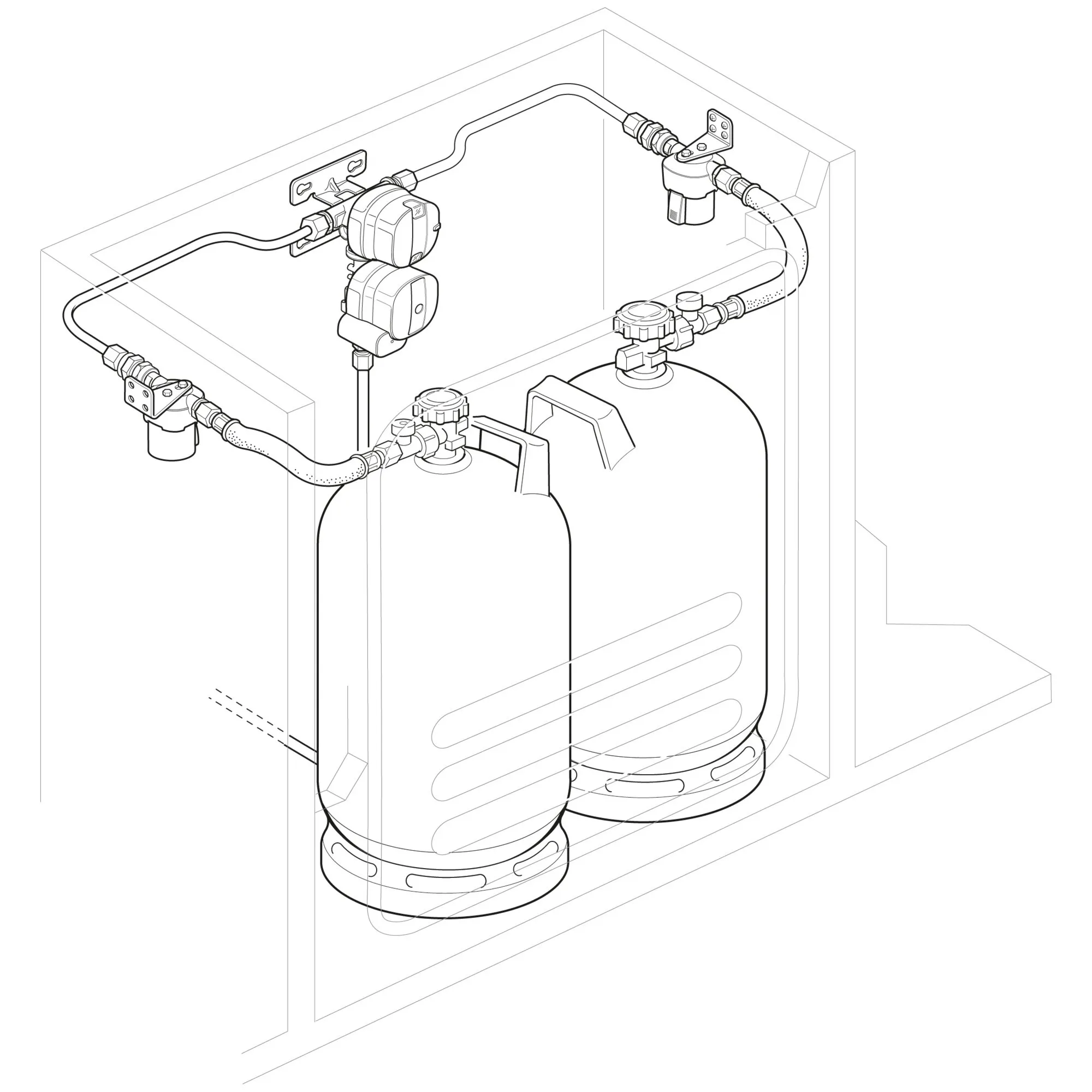 Gasfilter in einer Gasinstallation mit zwei Gasflaschen, Schläuchen, Absperrventilen und Druckreglern in einem Technikschrank