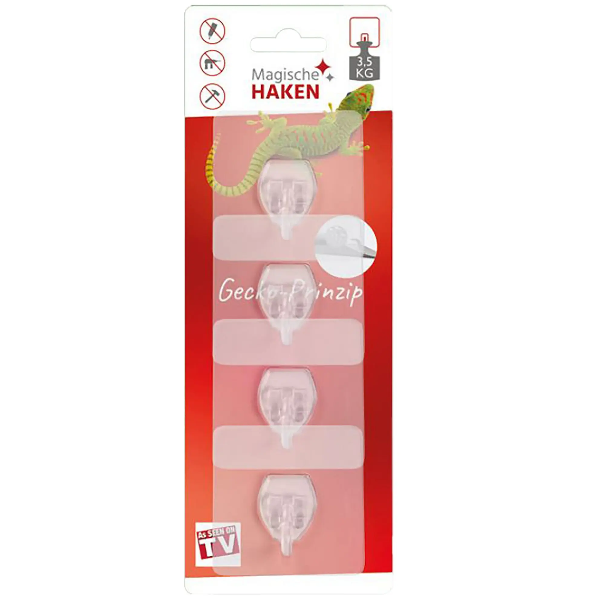 Verpackung des Magische Haken Vario 4 Sets, rotes Design, transparente Haken in Reihe, Gecko-Illustration klettert über rosa Karton, 3,5 KG Tragkraft