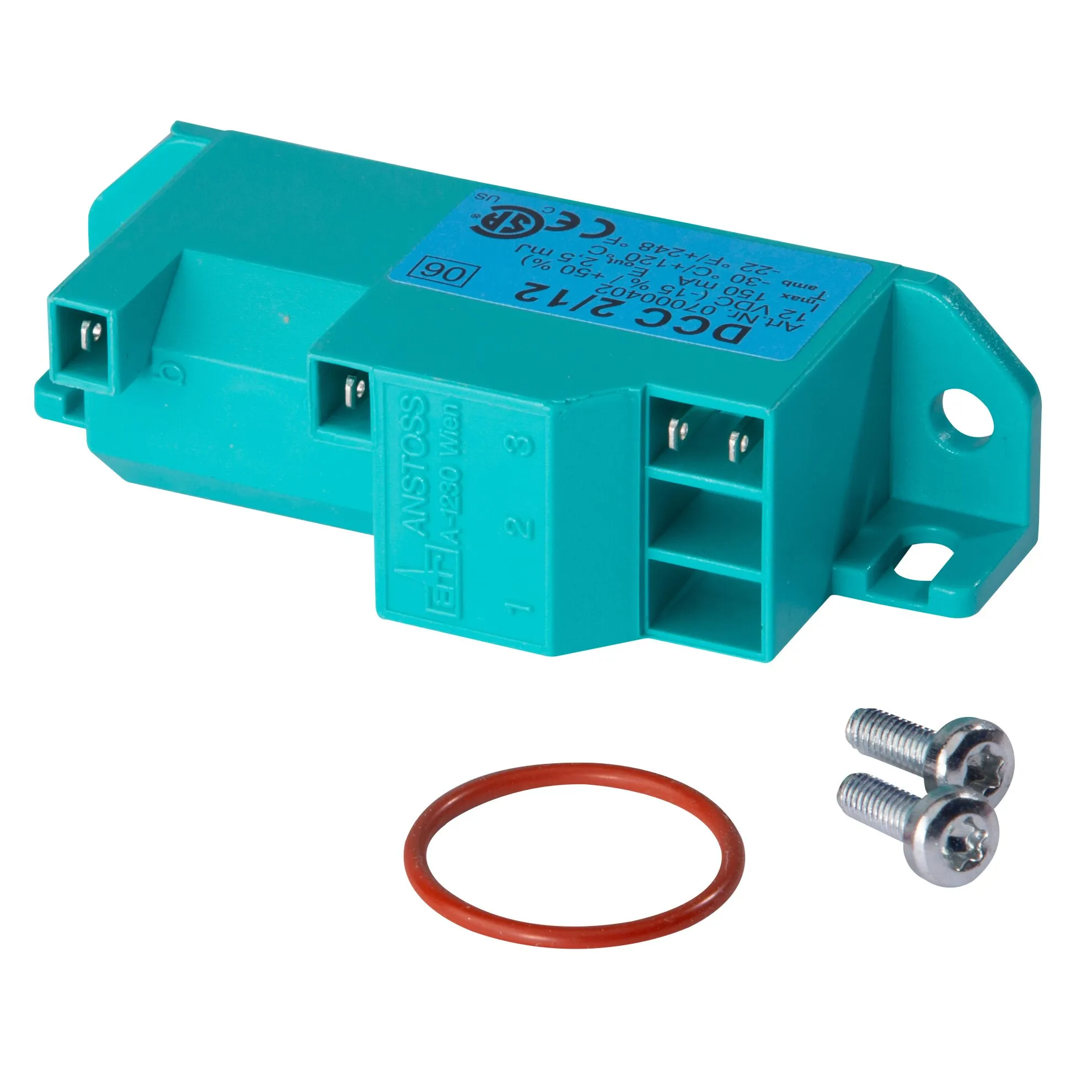 Türkises Zünderset mit elektrischem Zündmodul, Anschlussklemmen, rotem Dichtungsring und zwei Befestigungsschrauben