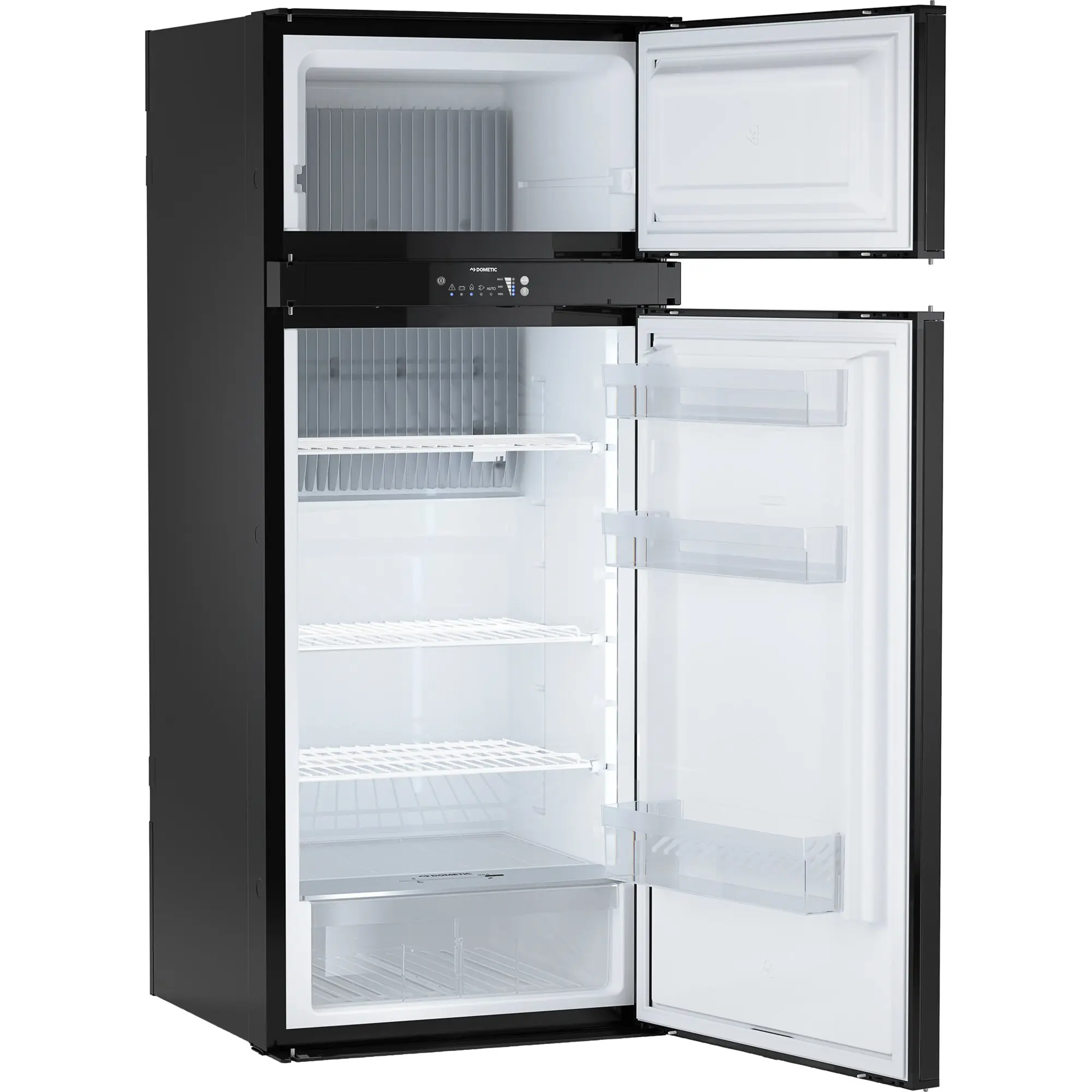 Dometic RMD 10.5G Absorberkühlschrank, schwarzer Einbaukühlschrank mit zwei Türen geöffnet, Gefrierfach oben, Kühlfach unten, verstellbare Ablagen